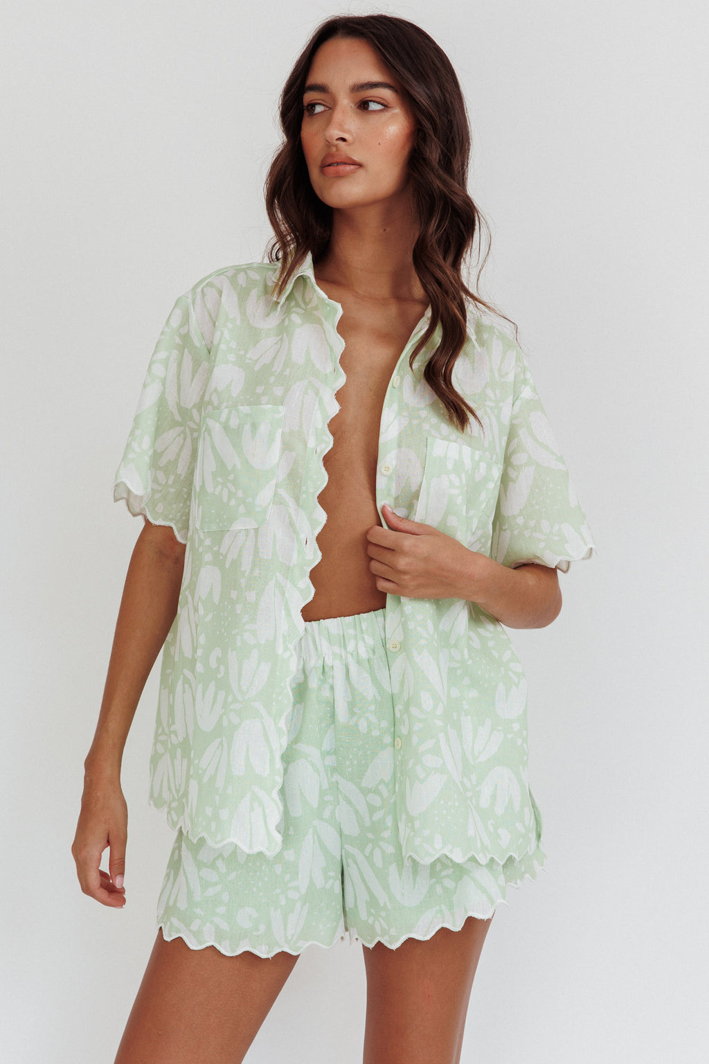Swing Of Things Scalloped Edge Shirt Print Sage by Selfie Leslie Australia