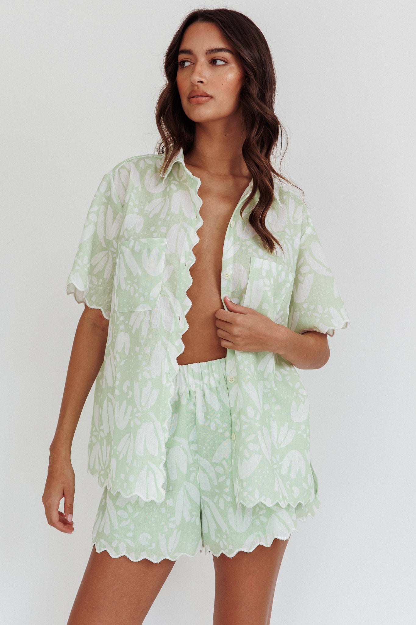 Swing Of Things Scalloped Edge Shirt Print Sage by Selfie Leslie Australia