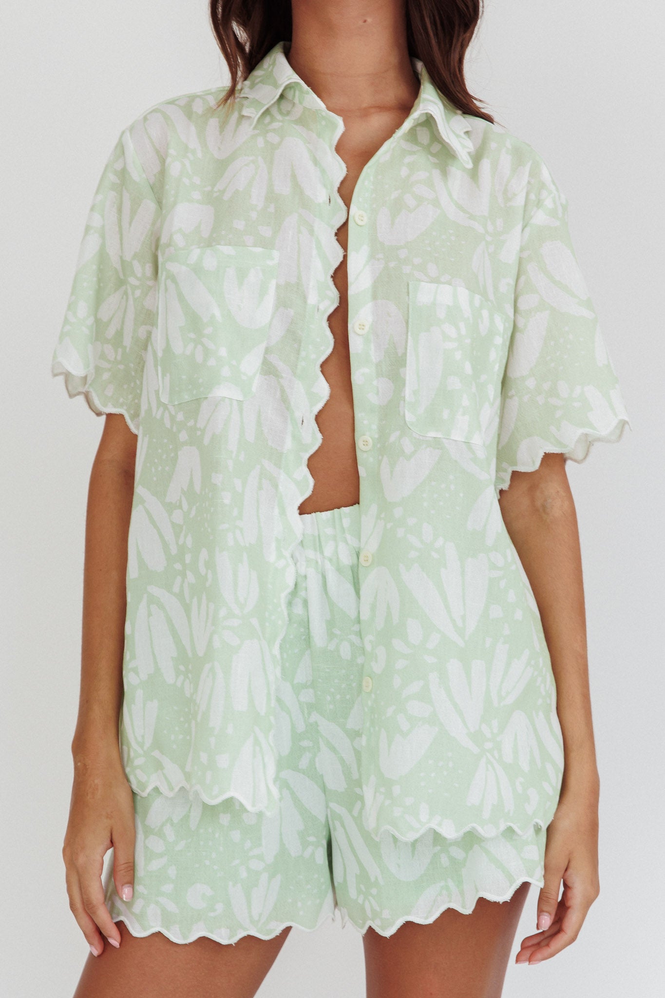 Swing Of Things Scalloped Edge Shirt Print Sage by Selfie Leslie Australia
