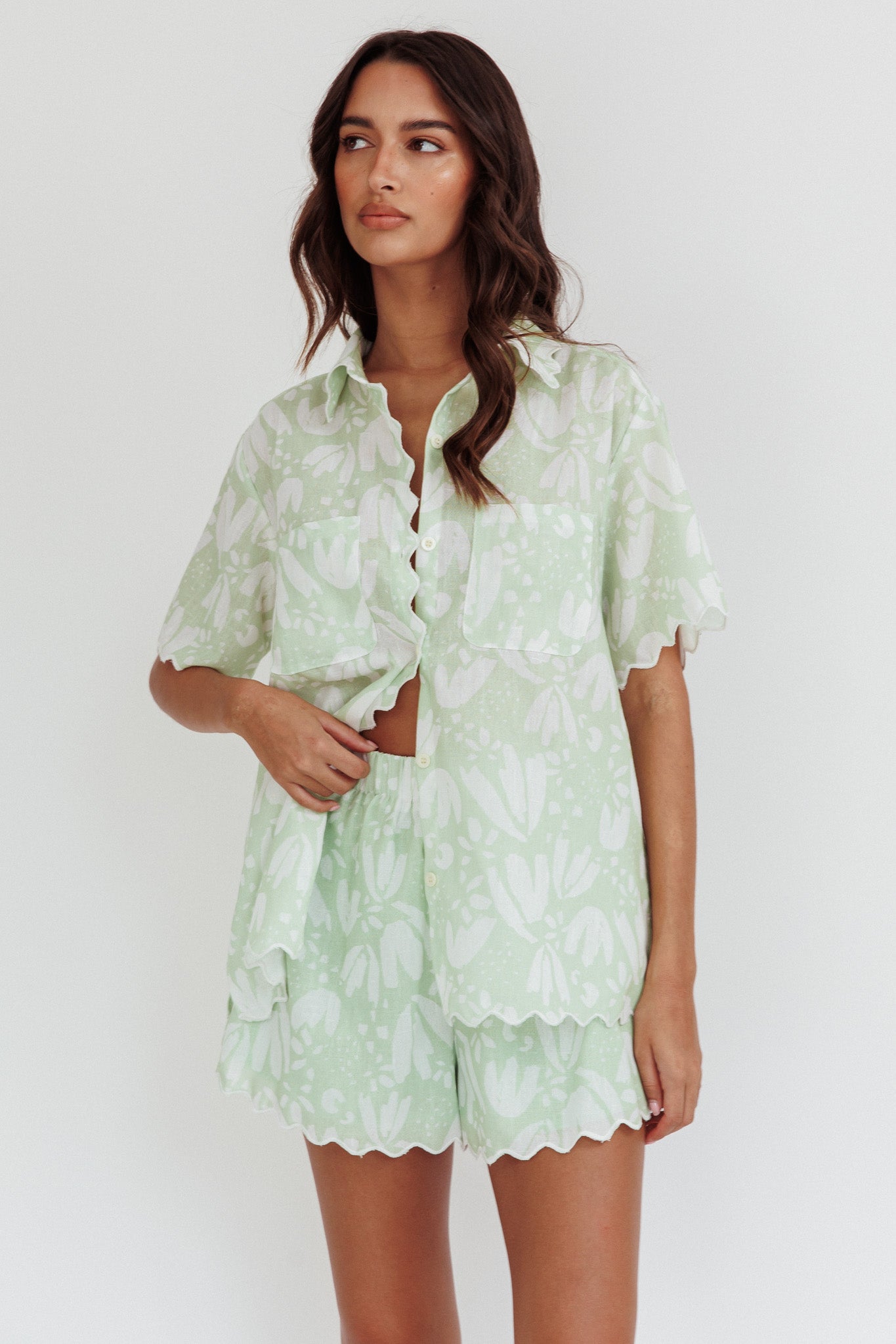 Swing Of Things Scalloped Edge Shirt Print Sage by Selfie Leslie Australia