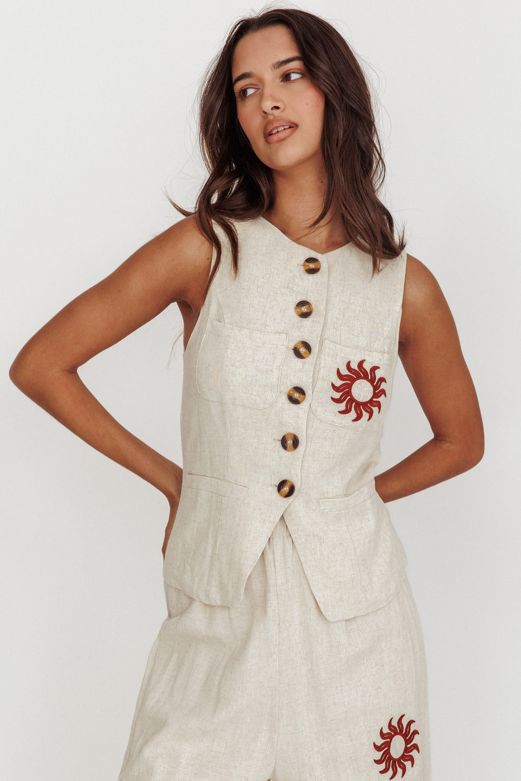 Swing Of Things Sun Sleeveless Buttoned Vest Oat by Selfie Leslie Australia