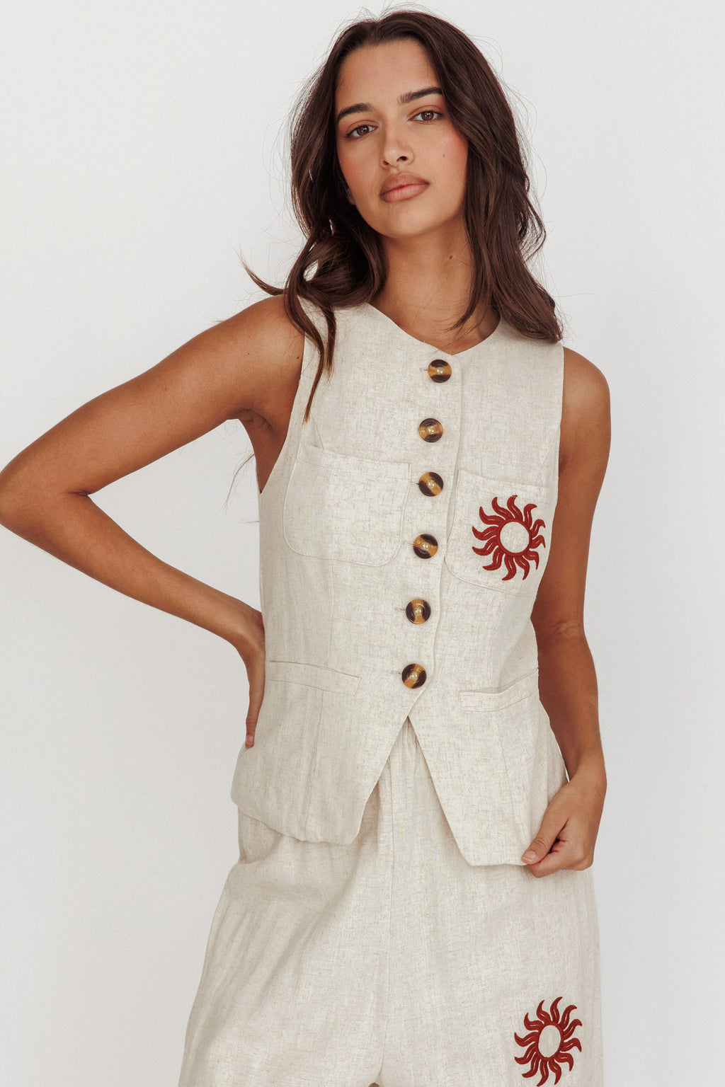 Swing Of Things Sun Sleeveless Buttoned Vest Oat by Selfie Leslie Australia