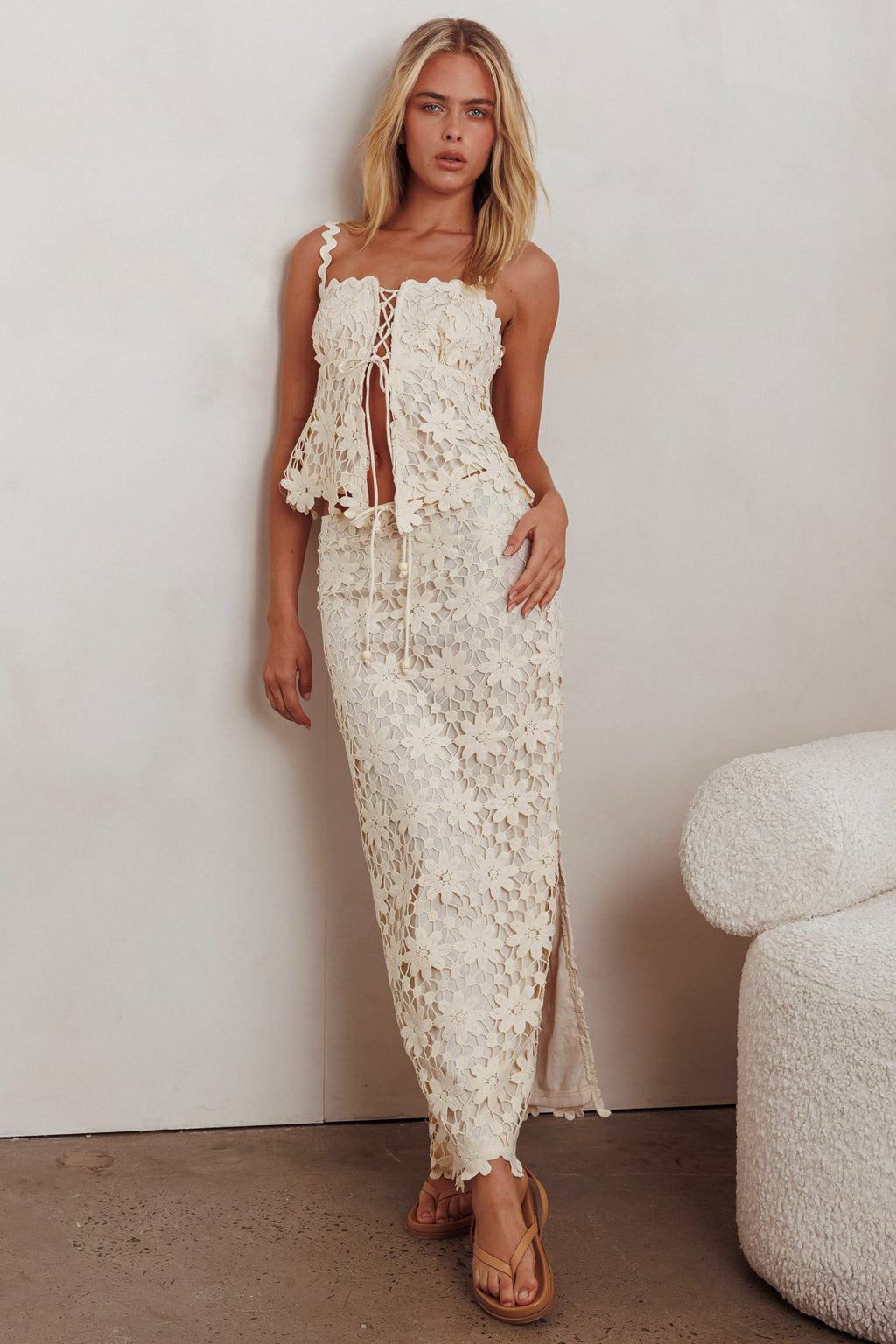 Sun Days Crochet Lace Maxi Skirt Sand by Selfie Leslie Australia