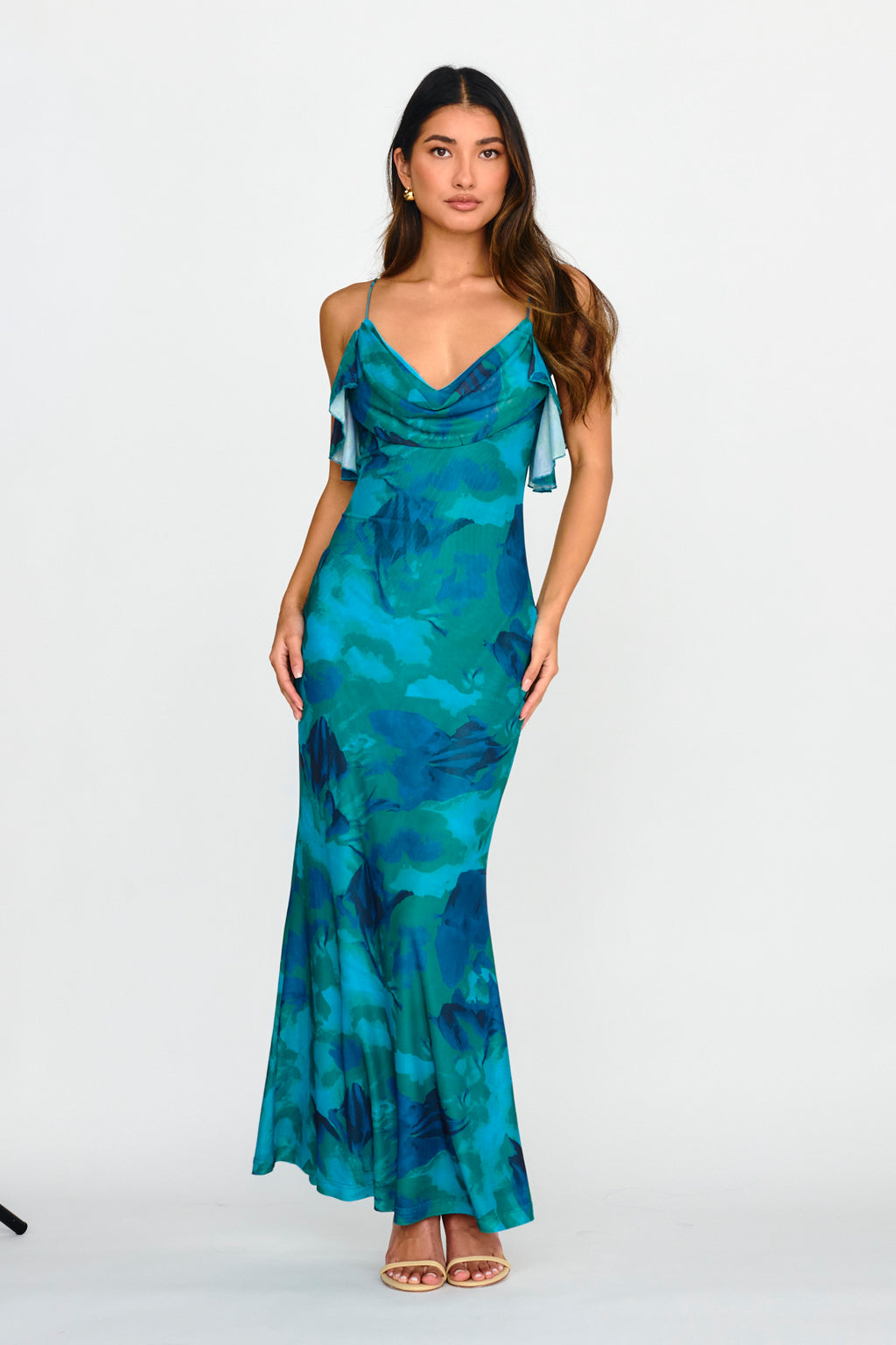 Jannie Draped Neckline Cami Dress Abstract Green by Selfie Leslie Australia