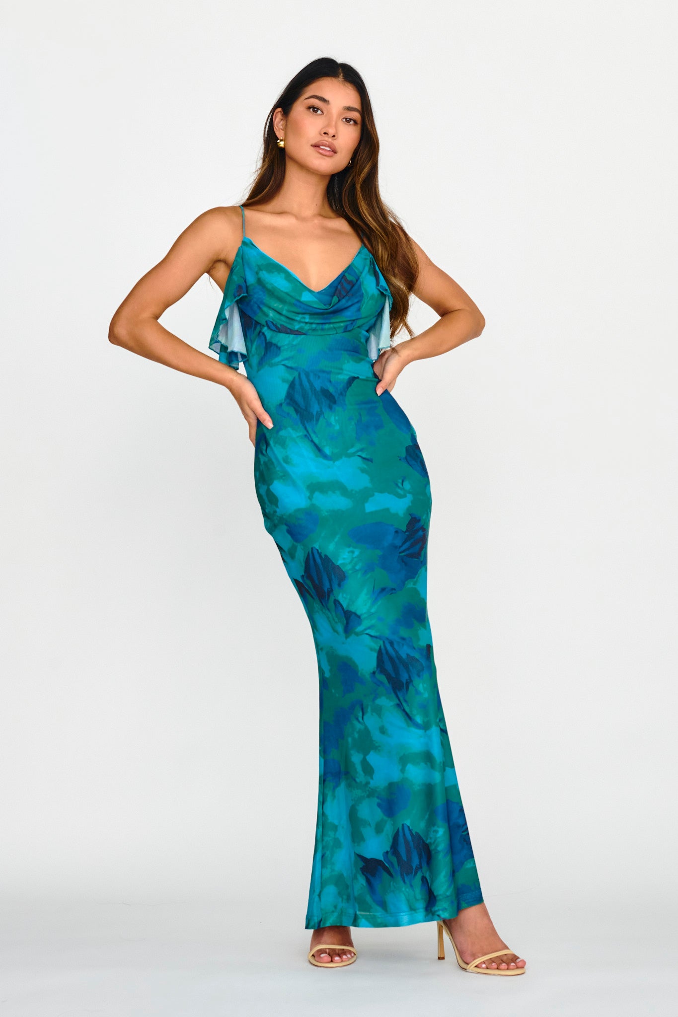 Jannie Draped Neckline Cami Dress Abstract Green by Selfie Leslie Australia