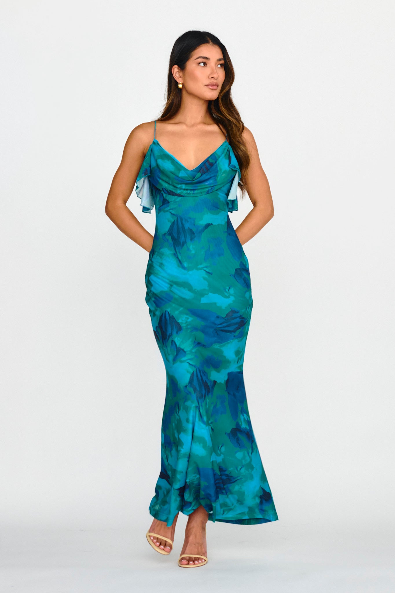 Jannie Draped Neckline Cami Dress Abstract Green by Selfie Leslie Australia