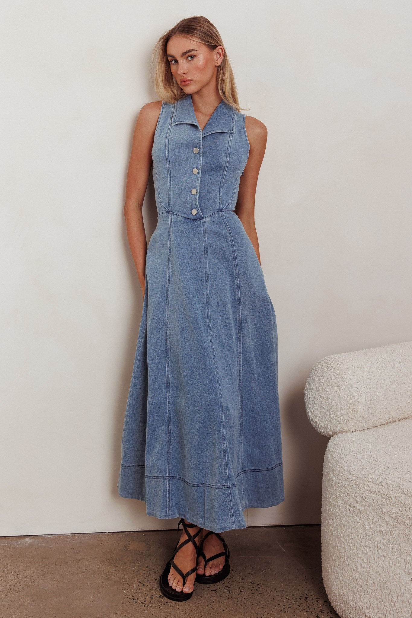 Entertain Me Sleeveless A-Line Maxi Dress Denim Blue | Selfie