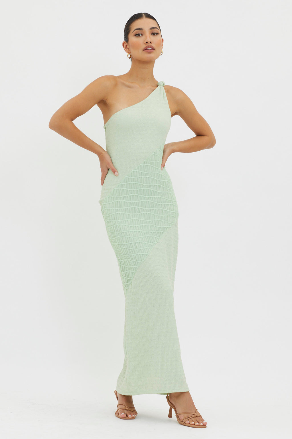 Clean Slate One-Shoulder Smocked Midi Dress Sage by Selfie Leslie Australia