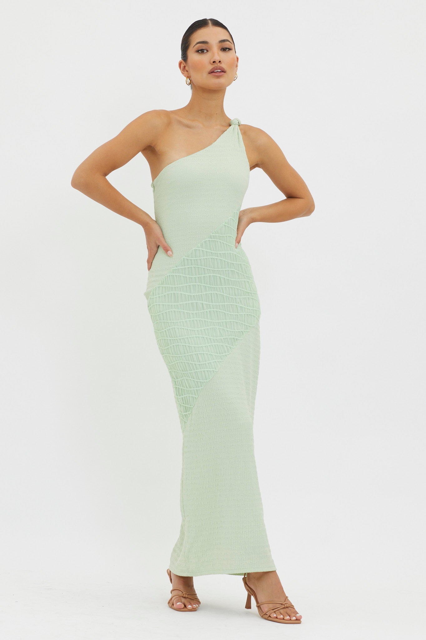 Clean Slate One-Shoulder Smocked Midi Dress Sage by Selfie Leslie Australia