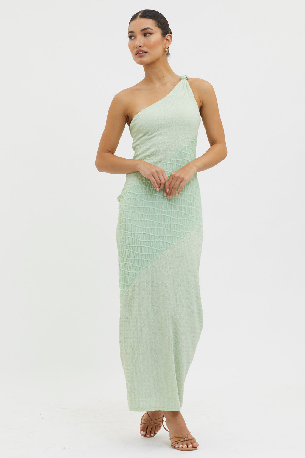 Clean Slate One-Shoulder Smocked Midi Dress Sage by Selfie Leslie Australia