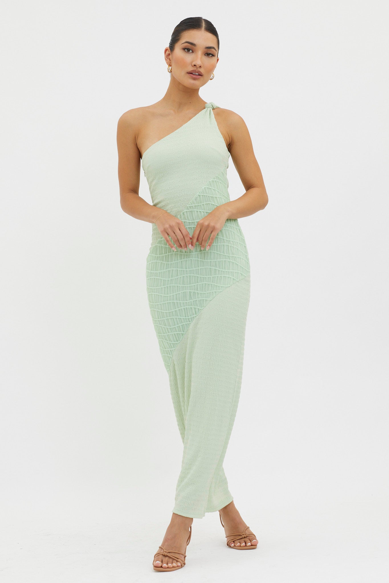 Clean Slate One-Shoulder Smocked Midi Dress Sage by Selfie Leslie Australia