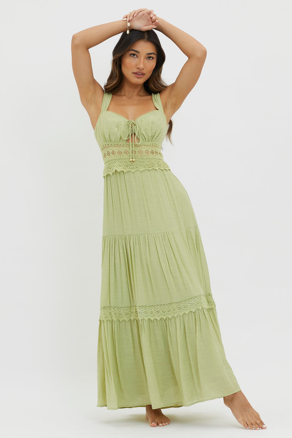 Libby Crochet Lace Waist Maxi Dress Green by Selfie Leslie Australia