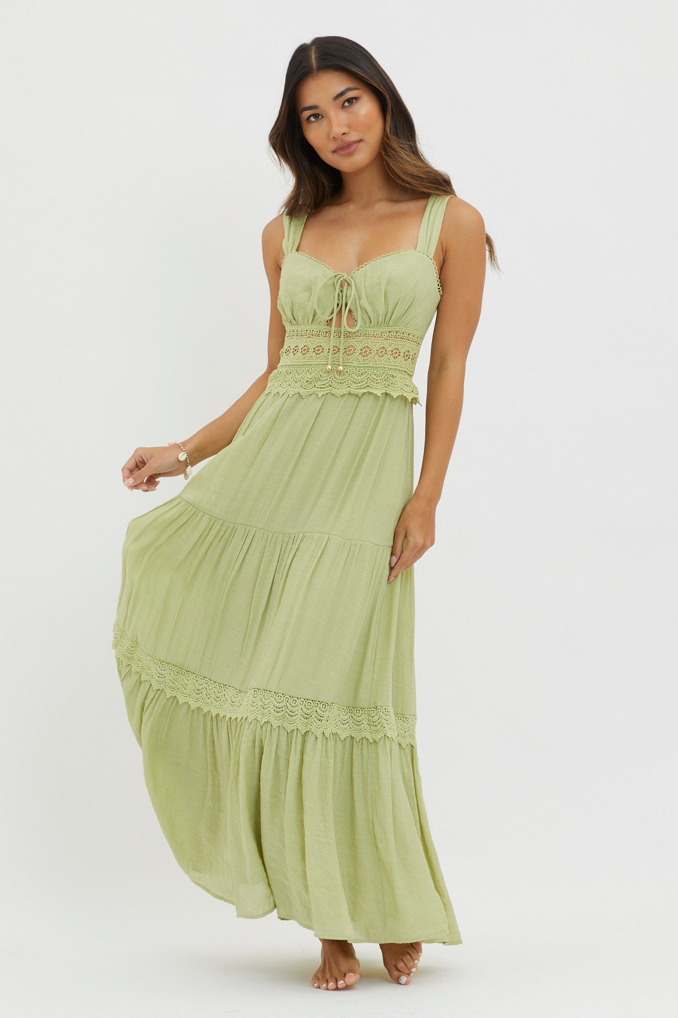 Shop the Libby Crochet Lace Waist Maxi Dress Green | Selfie Leslie ...
