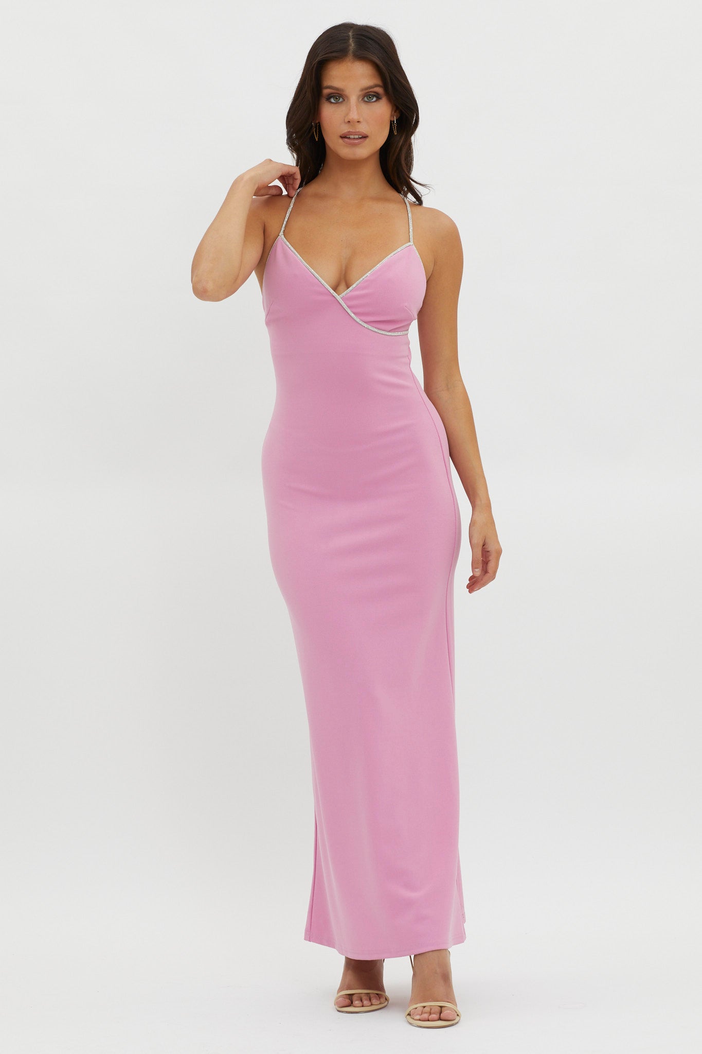 Harleigh Diamante Strap Tied Back Dress Pink by Selfie Leslie Australia