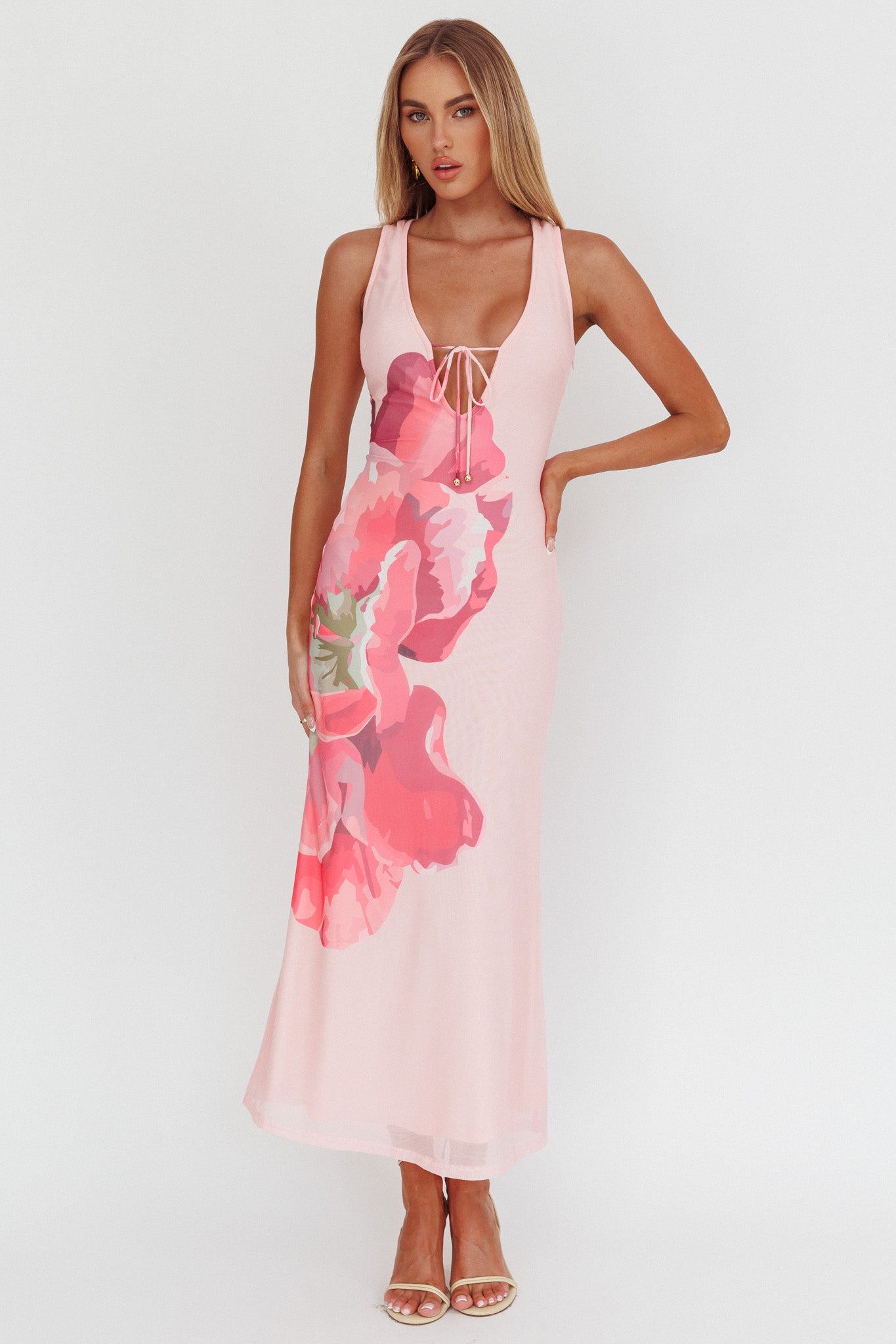 Cinders Tied Plunging Neckline Maxi Dress Flower Pink by Selfie Leslie Australia