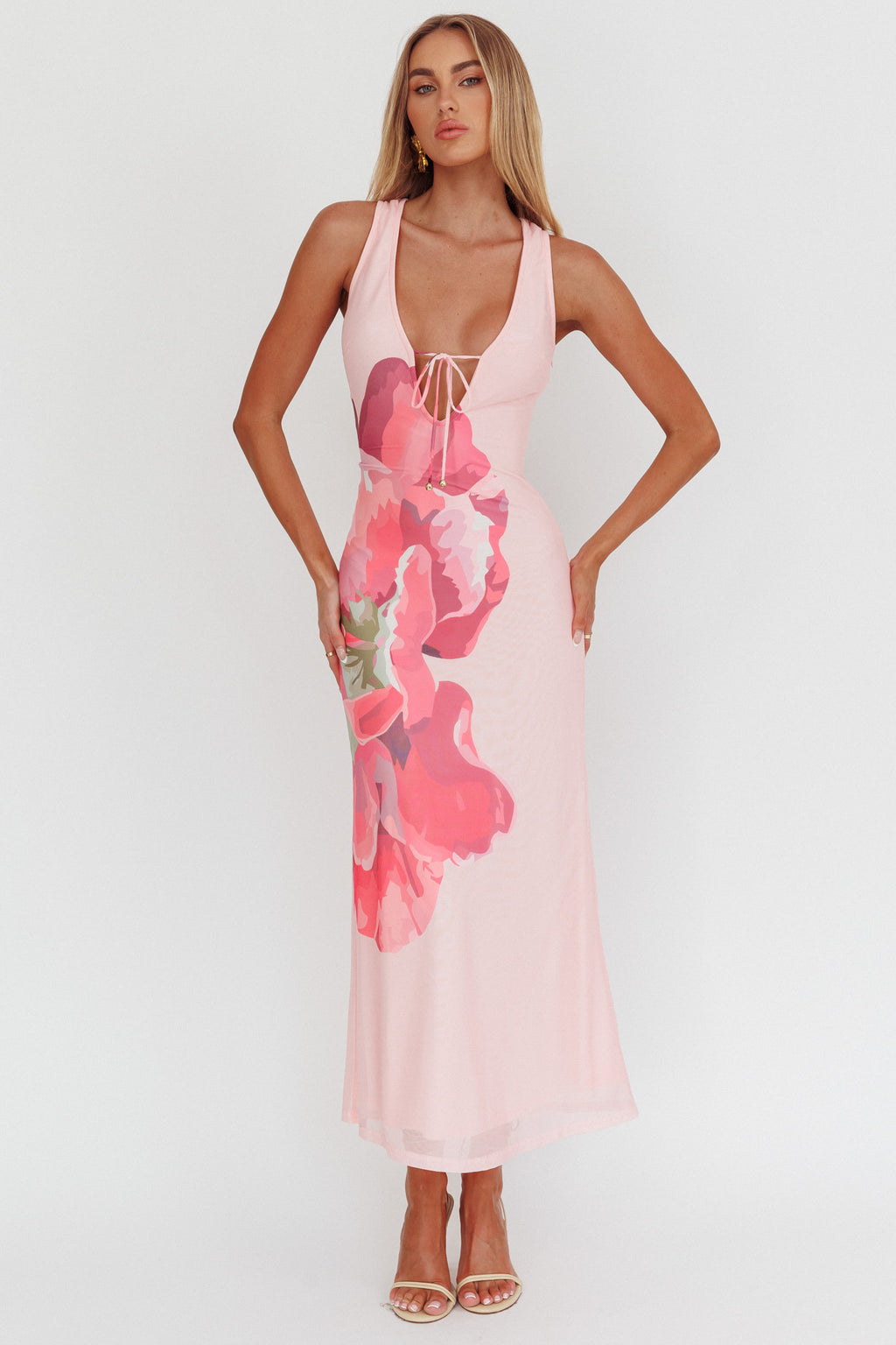 Cinders Tied Plunging Neckline Maxi Dress Flower Pink by Selfie Leslie Australia