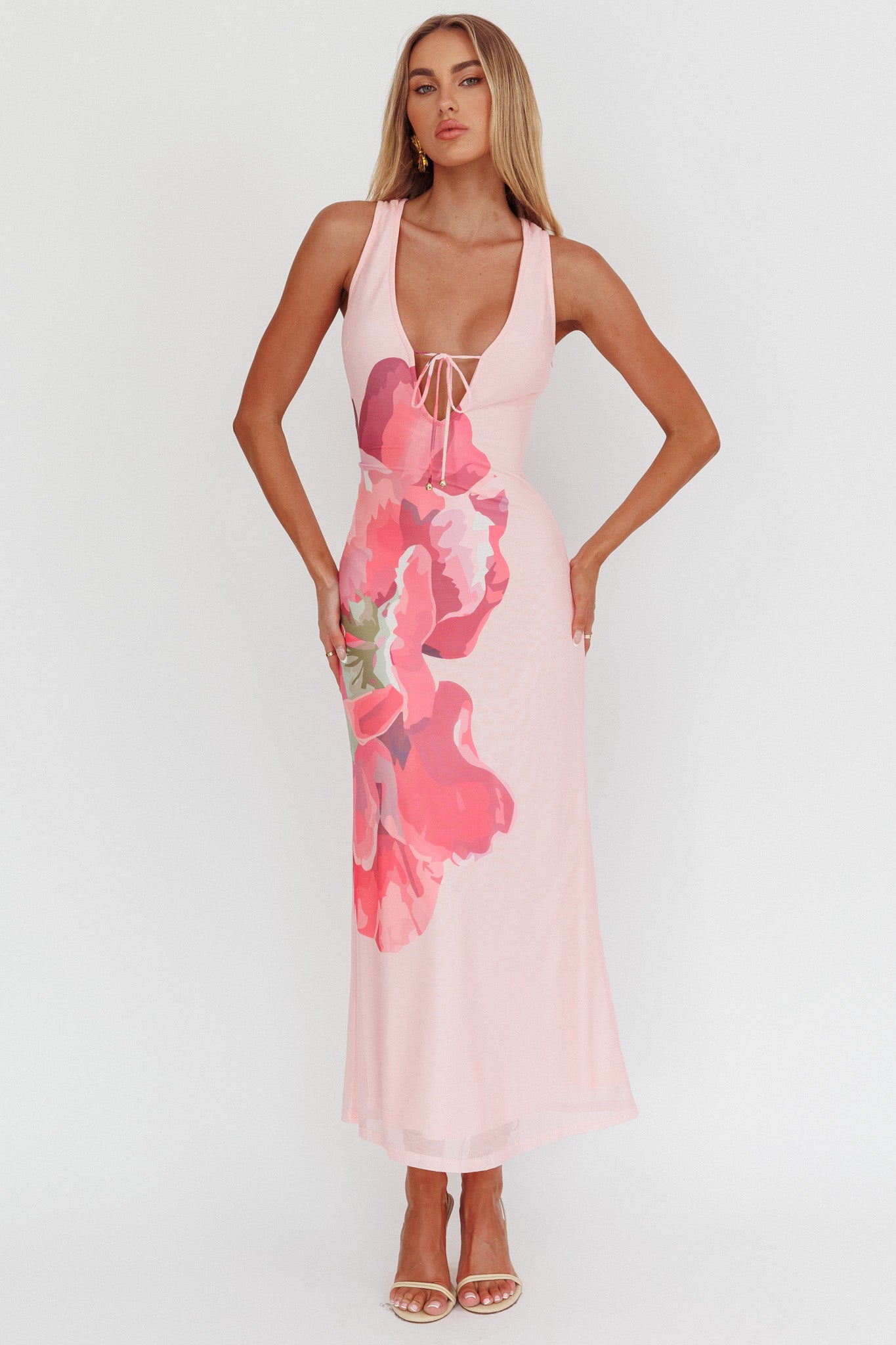 Cinders Tied Plunging Neckline Maxi Dress Flower Pink by Selfie Leslie Australia