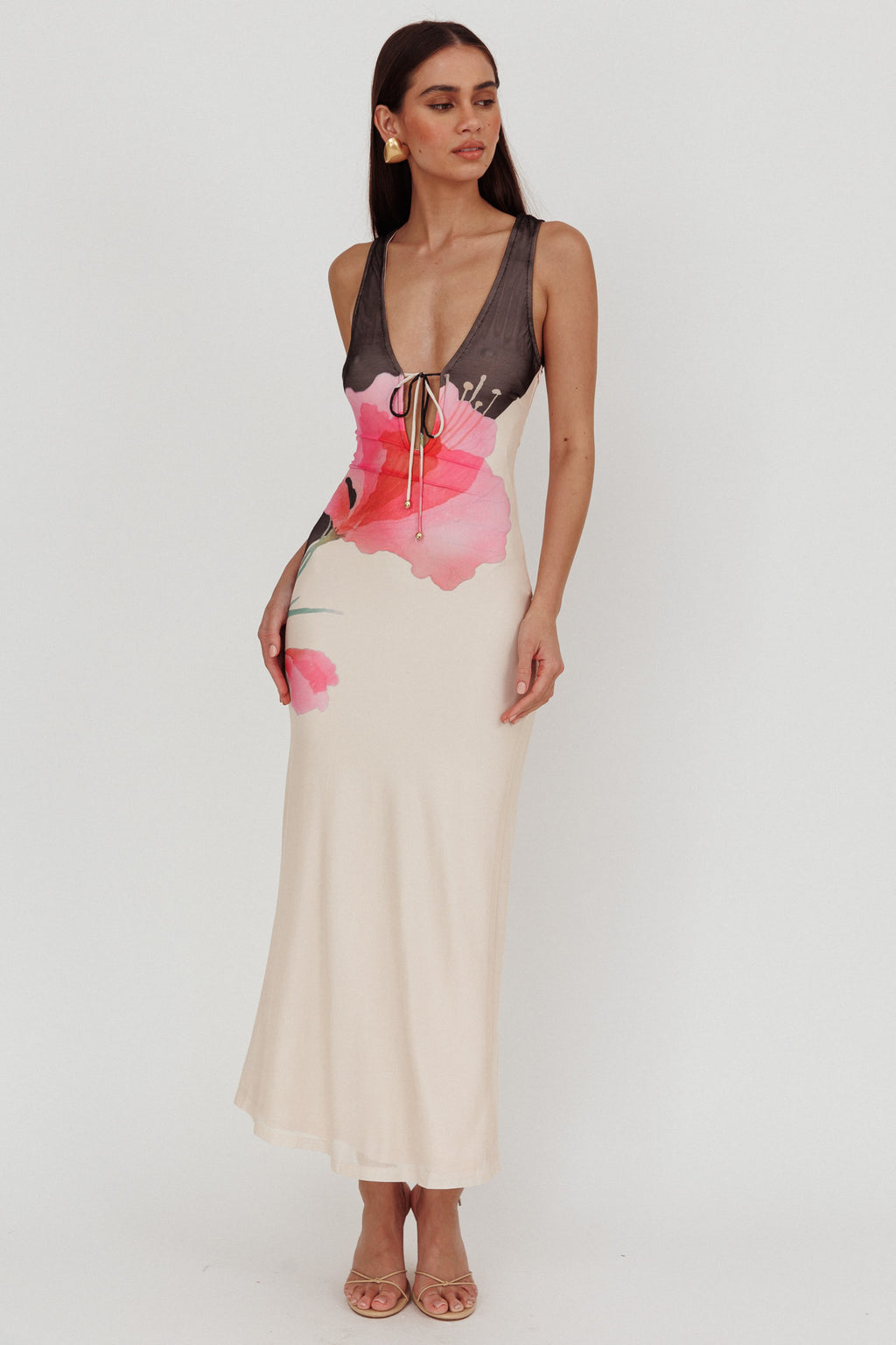 Cinders Tied Plunging Neckline Maxi Dress Flower Black by Selfie Leslie Australia