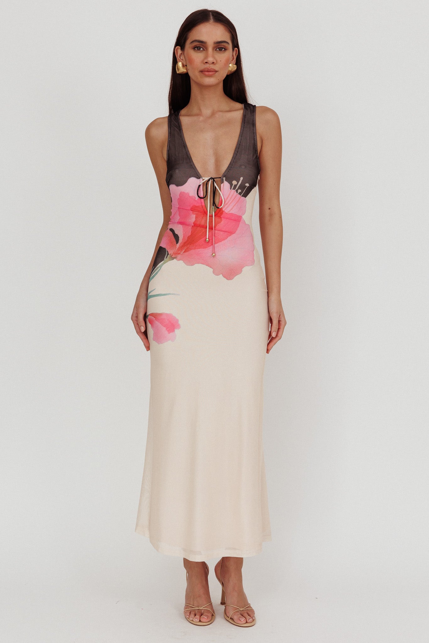 Cinders Tied Plunging Neckline Maxi Dress Flower Black by Selfie Leslie Australia