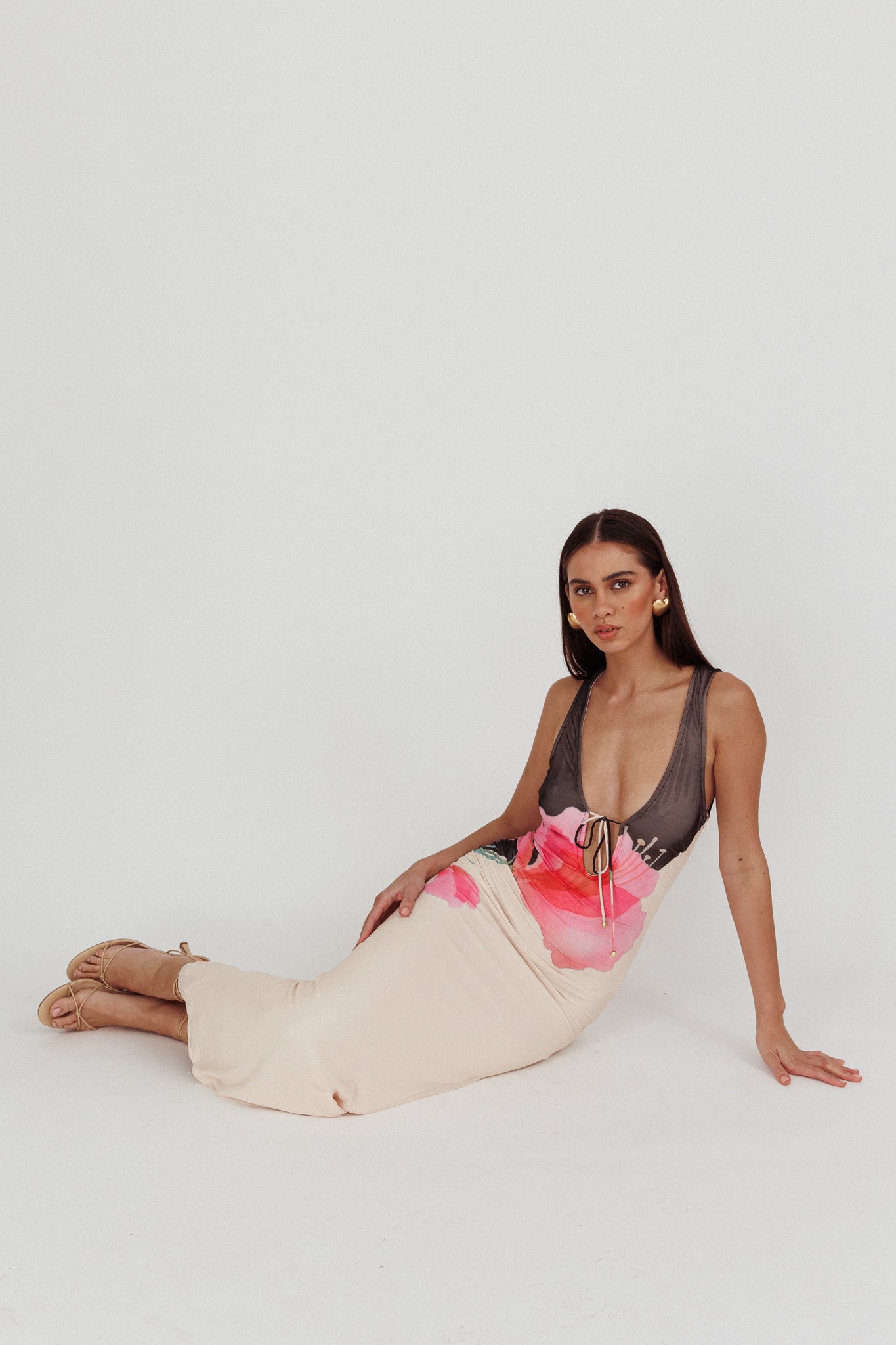 Cinders Tied Plunging Neckline Maxi Dress Flower Black by Selfie Leslie Australia