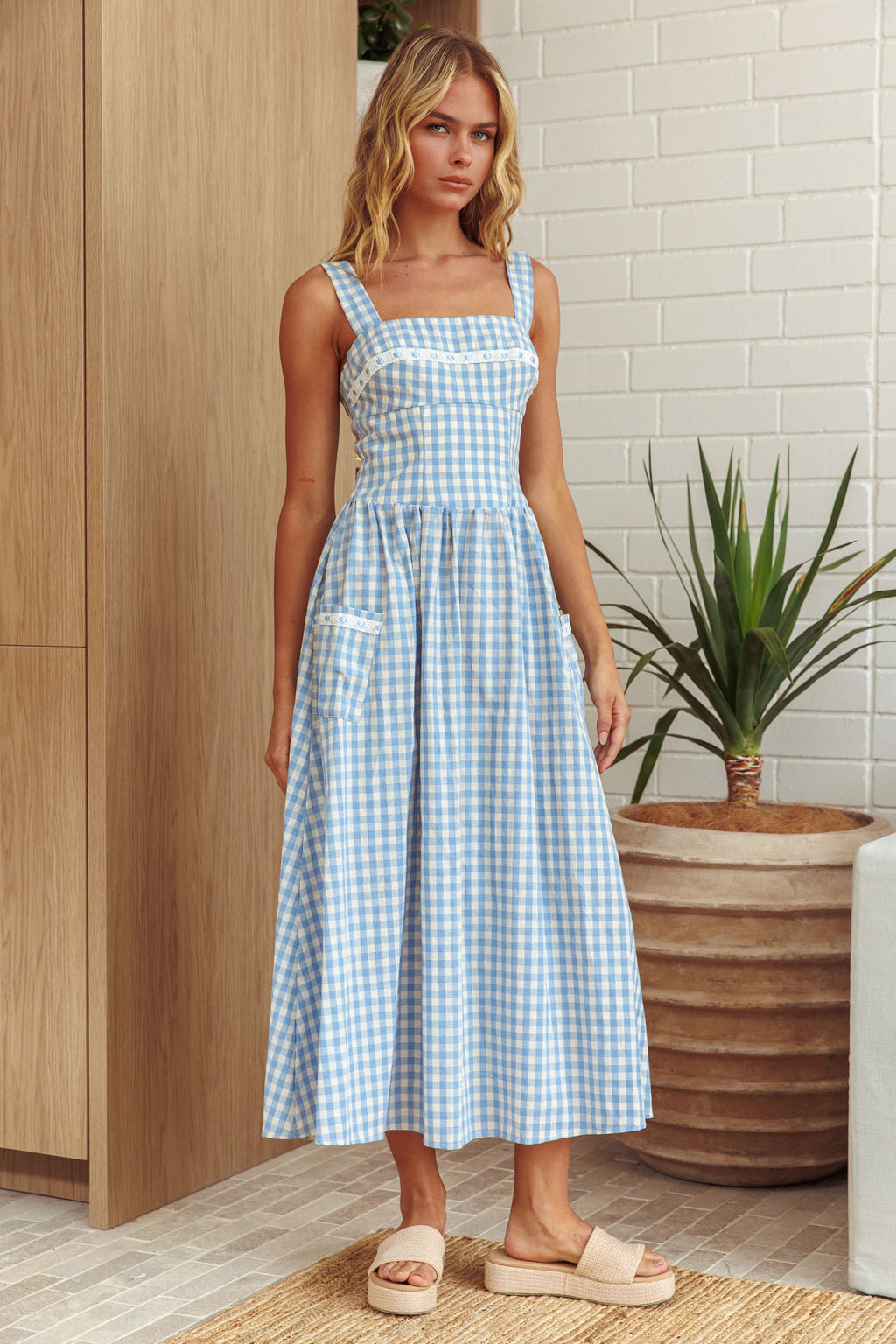Elderflower Front Pocket Maxi Dress Gingham Baby Blue by Selfie Leslie Australia