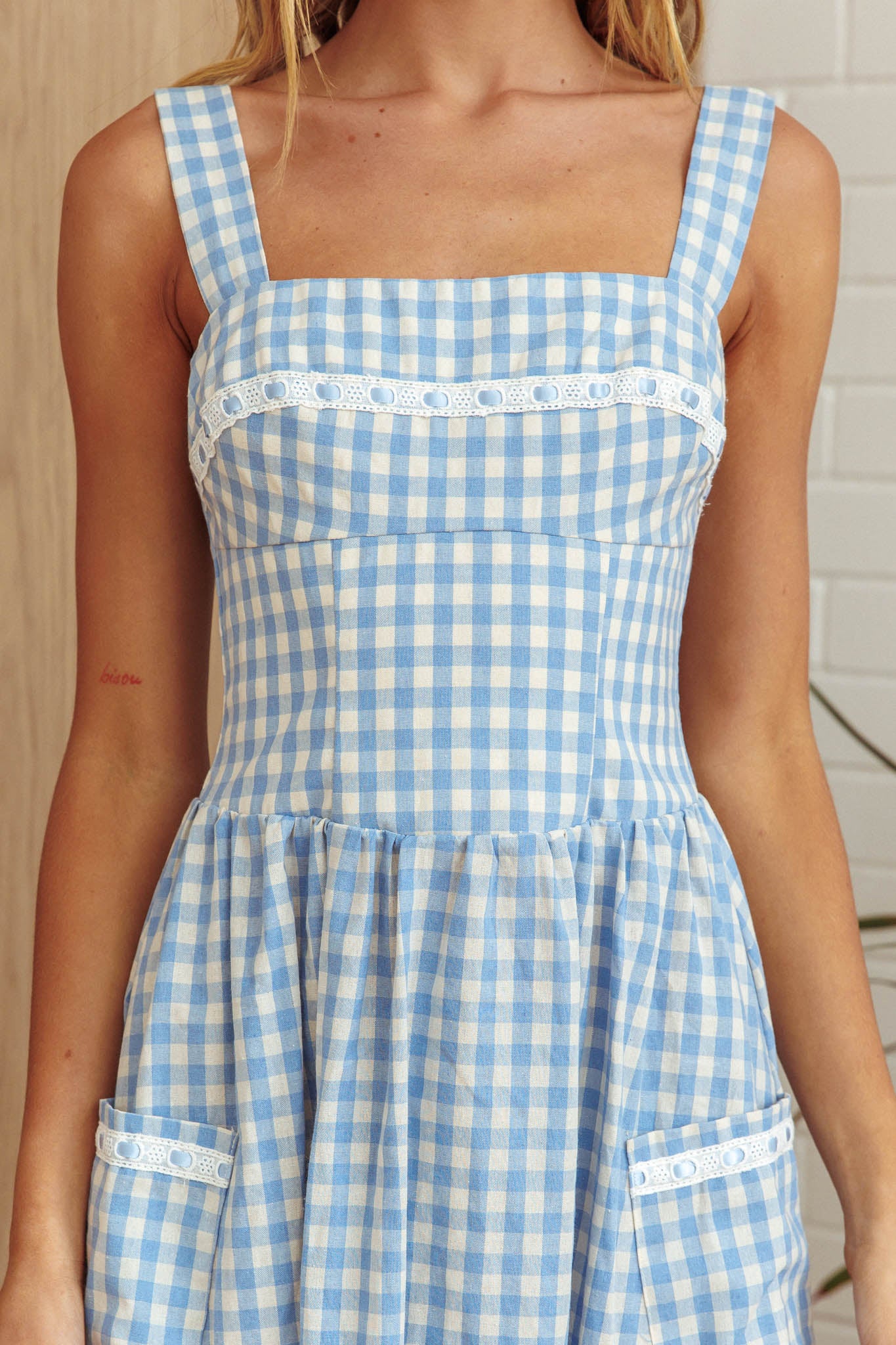 Elderflower Front Pocket Maxi Dress Gingham Baby Blue by Selfie Leslie Australia