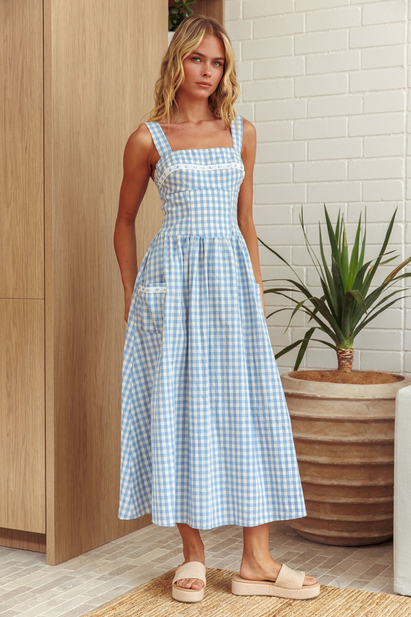 Shop the Elderflower Front Pocket Maxi Dress Gingham Baby Blue