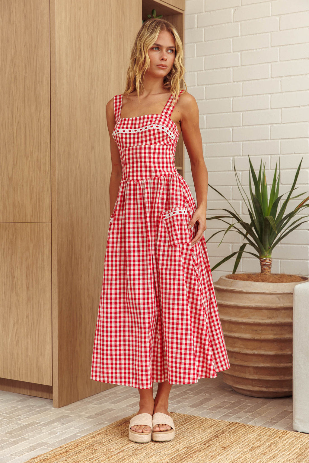 Elderflower Front Pocket Maxi Dress Gingham Red by Selfie Leslie Australia