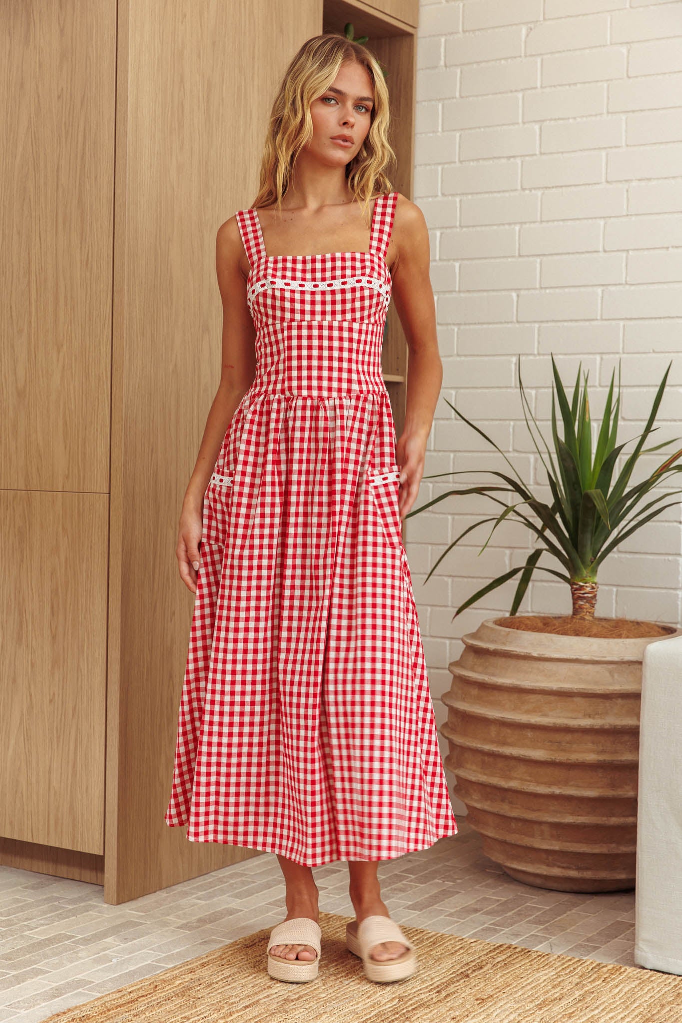 Elderflower Front Pocket Maxi Dress Gingham Red by Selfie Leslie Australia