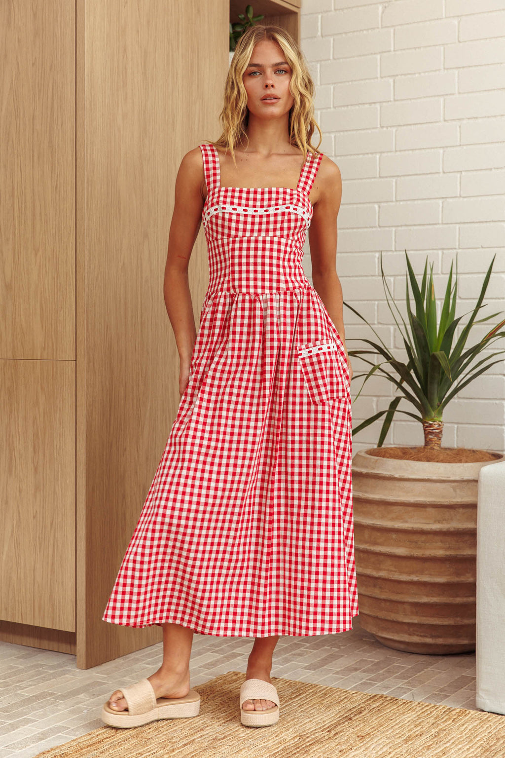 Elderflower Front Pocket Maxi Dress Gingham Red by Selfie Leslie Australia