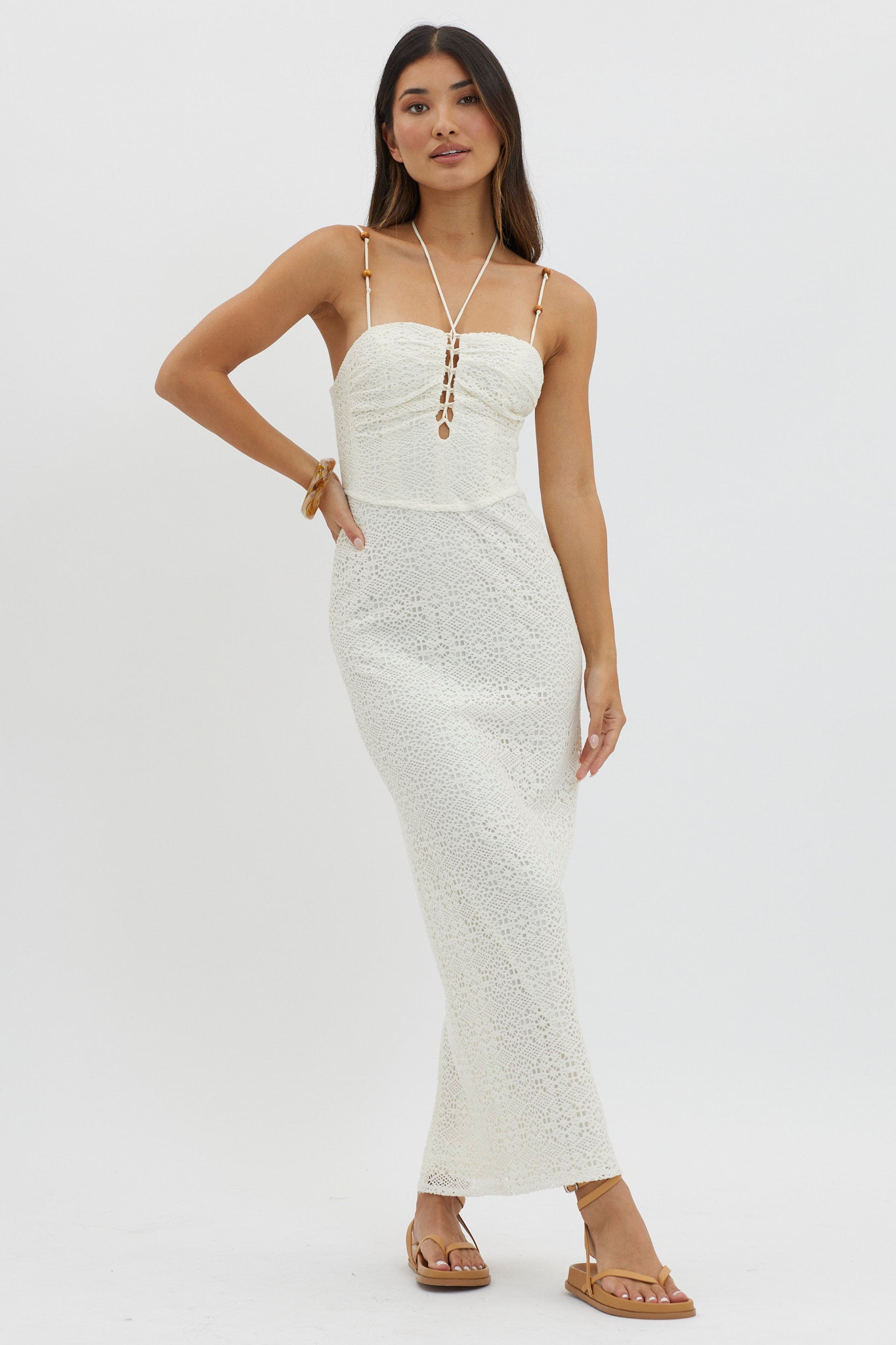 Namaste Bead Strap Lace Midi Dress White by Selfie Leslie Australia