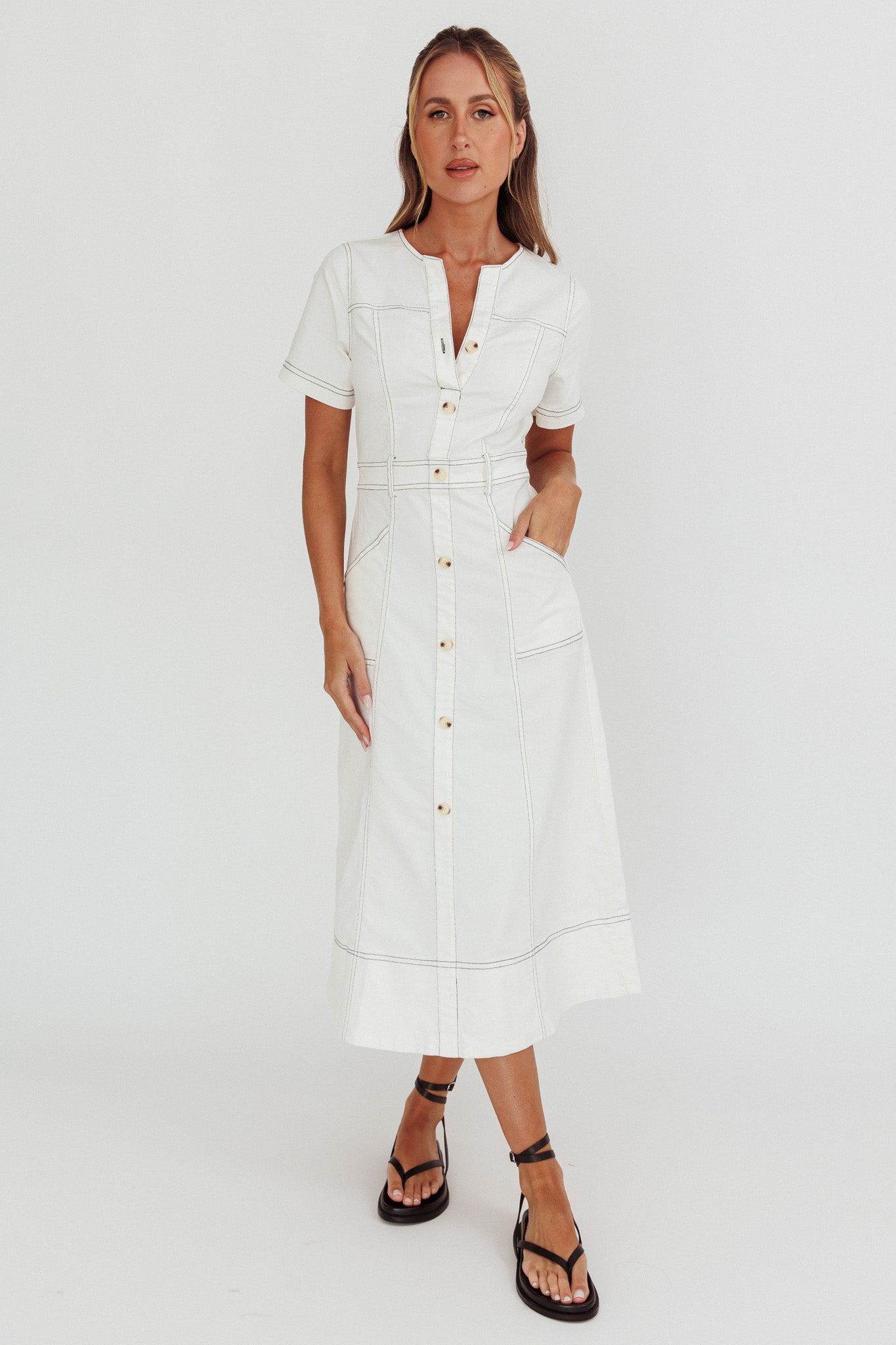 Shop the Aspen Love Front Pocket Midi Dress White
