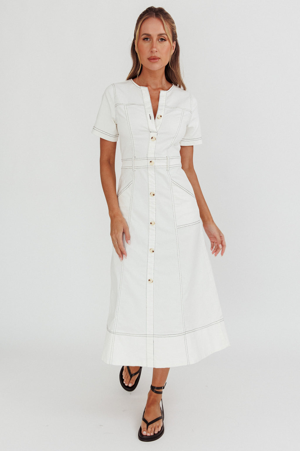 Aspen Love Front Pocket Midi Dress White by Selfie Leslie Australia