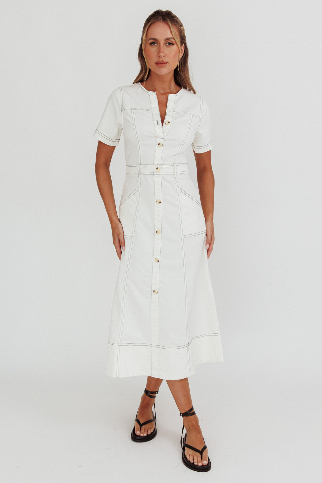 Aspen Love Front Pocket Midi Dress White by Selfie Leslie Australia