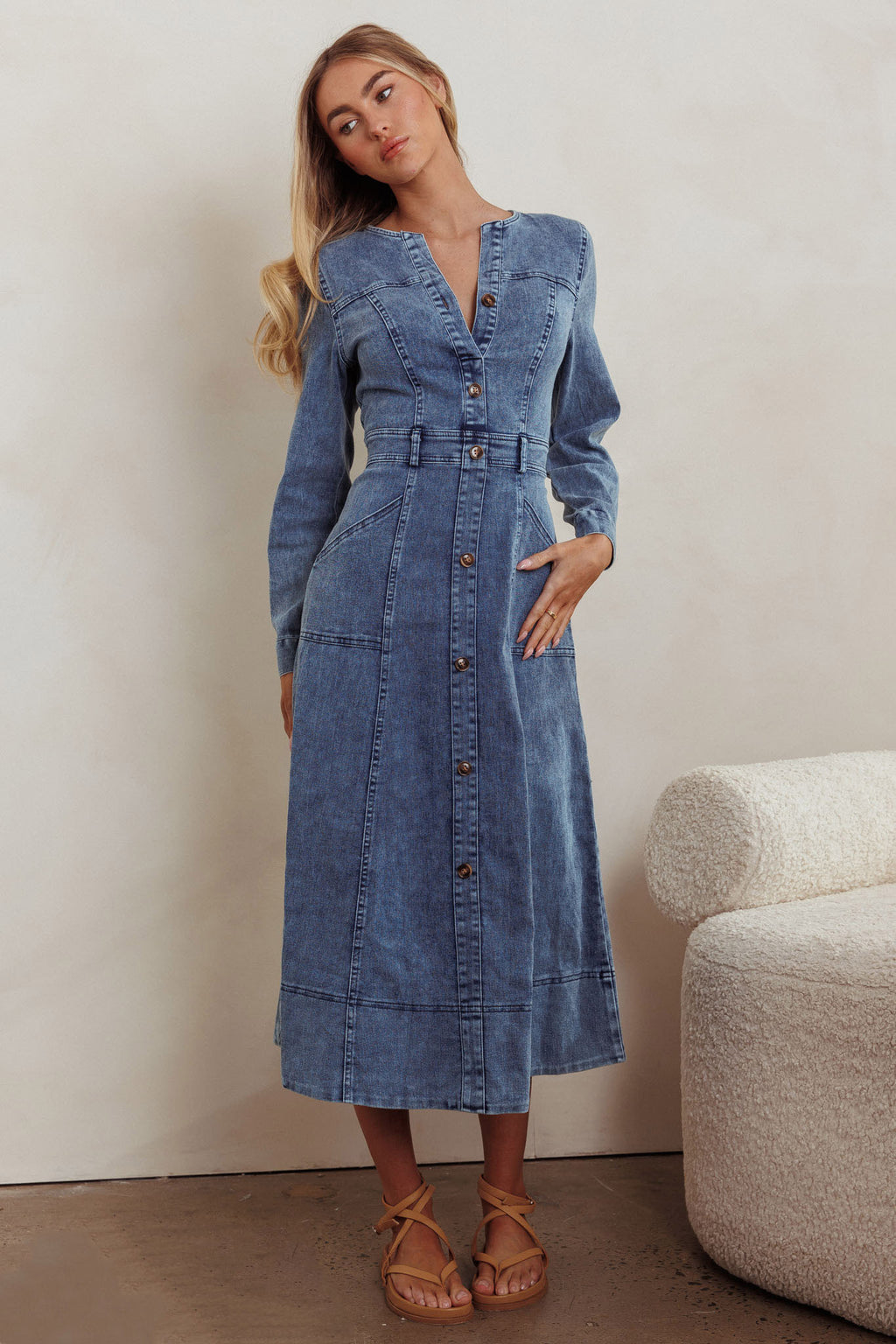 Aspen Love Front Pocket Midi Dress Denim Blue by Selfie Leslie Australia
