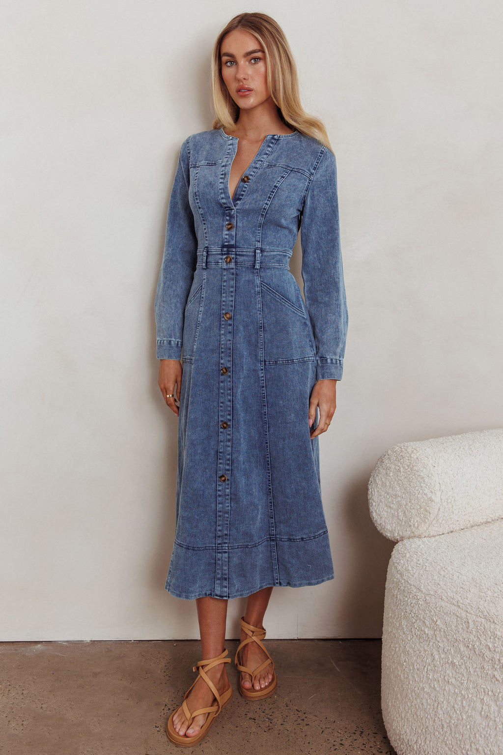 Aspen Love Front Pocket Midi Dress Denim Blue by Selfie Leslie Australia