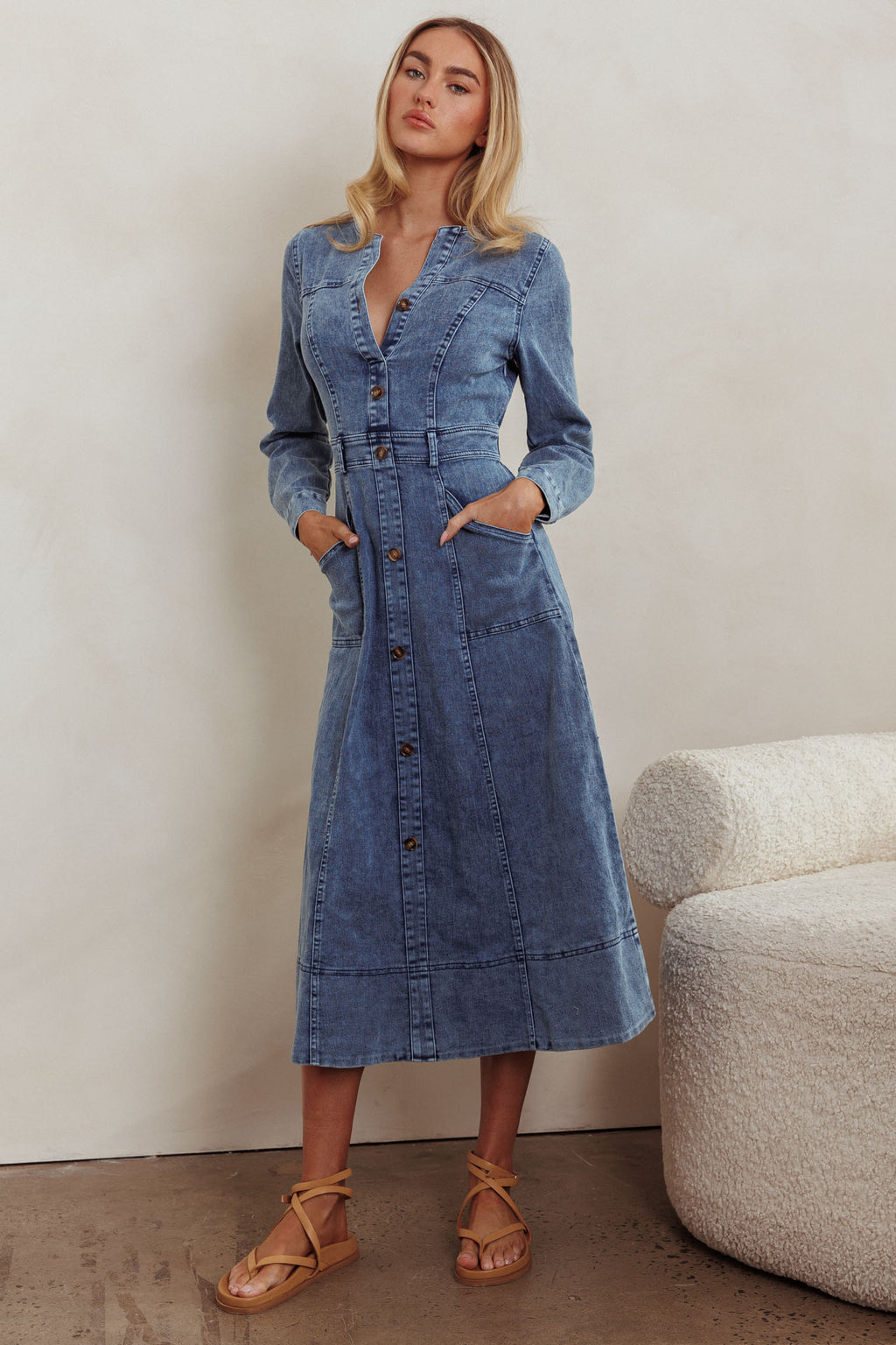 Aspen Love Front Pocket Midi Dress Denim Blue by Selfie Leslie Australia