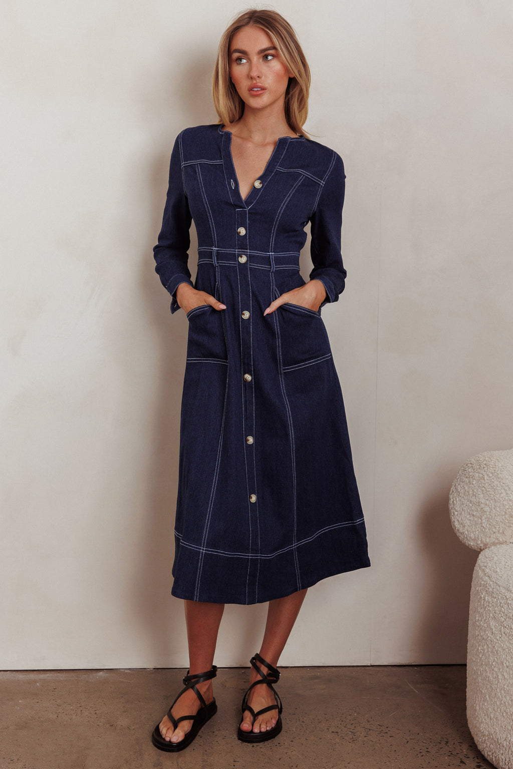 Aspen Love Front Pocket Long Sleeve Midi Dress Indigo by Selfie Leslie Australia