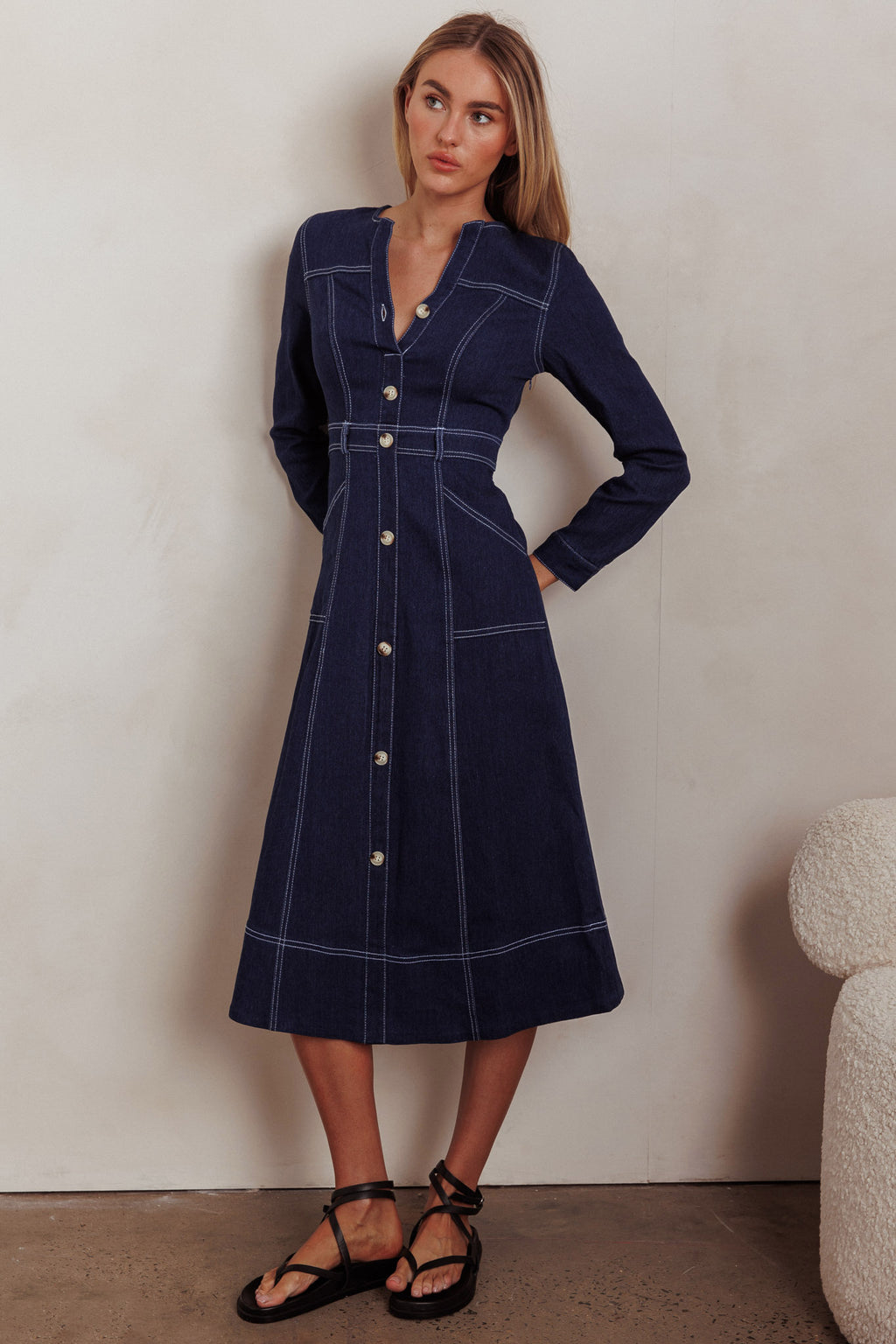 Aspen Love Front Pocket Long Sleeve Midi Dress Indigo by Selfie Leslie Australia