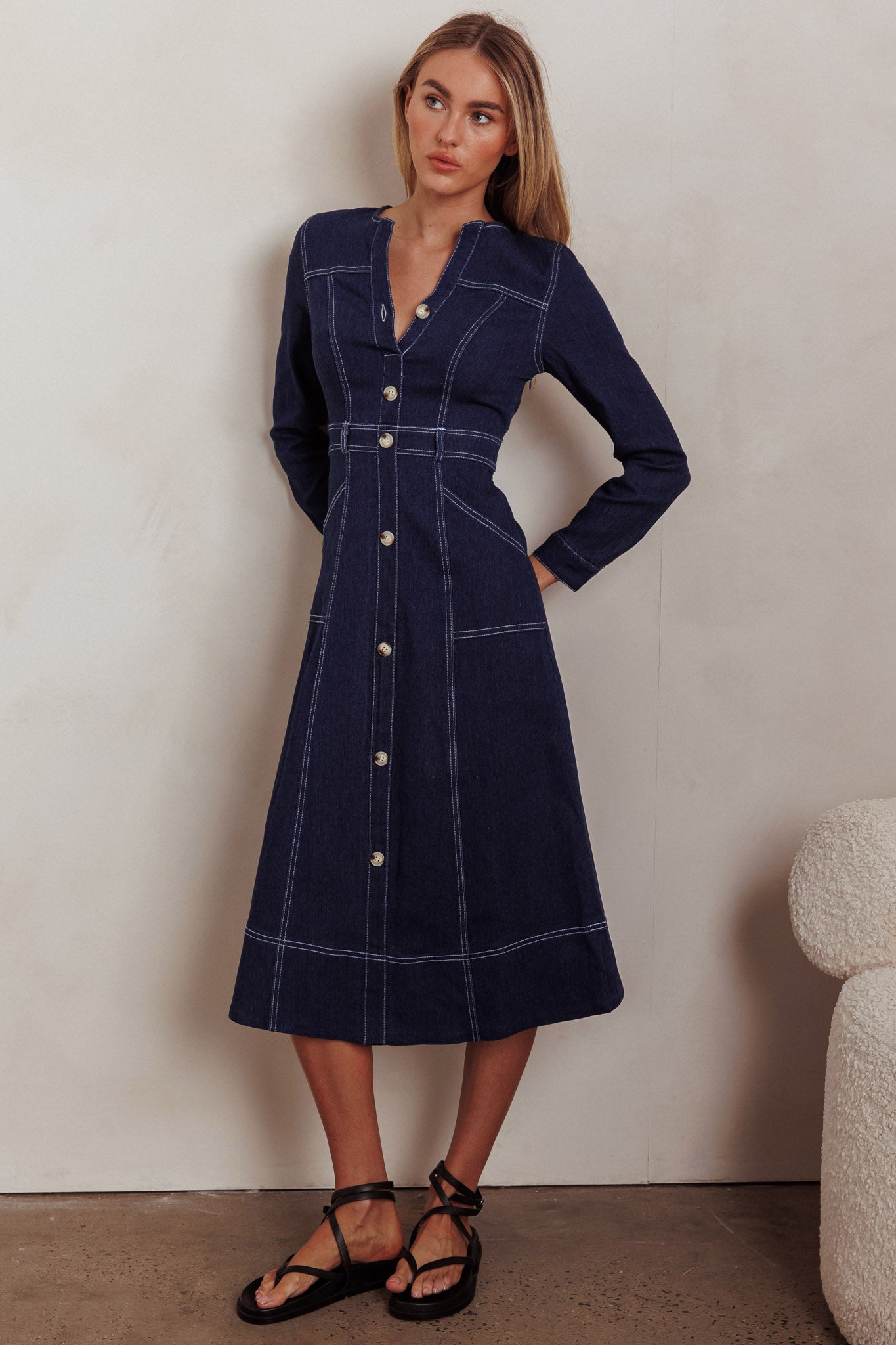Aspen Love Front Pocket Long Sleeve Midi Dress Indigo by Selfie Leslie Australia