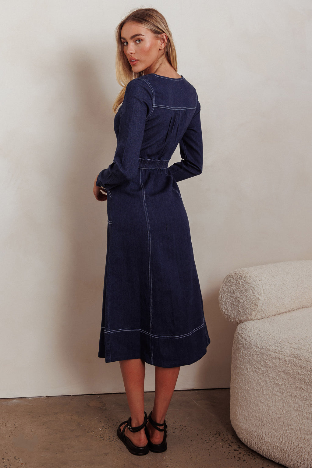Aspen Love Front Pocket Long Sleeve Midi Dress Indigo by Selfie Leslie Australia