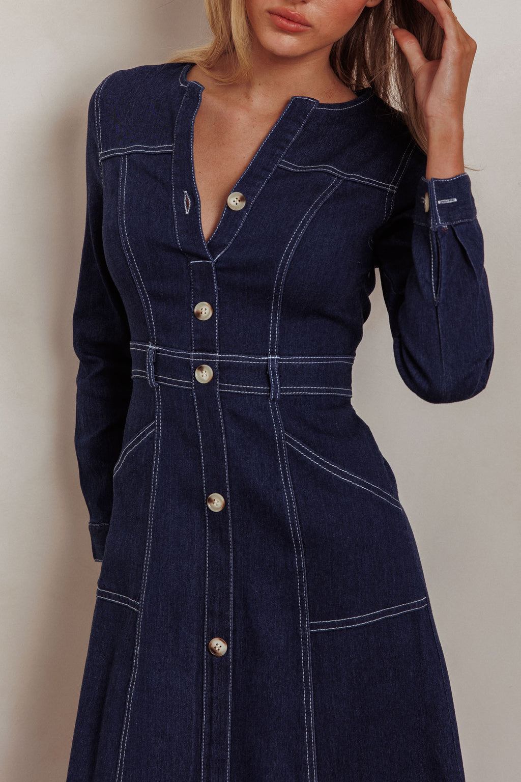 Aspen Love Front Pocket Long Sleeve Midi Dress Indigo by Selfie Leslie Australia