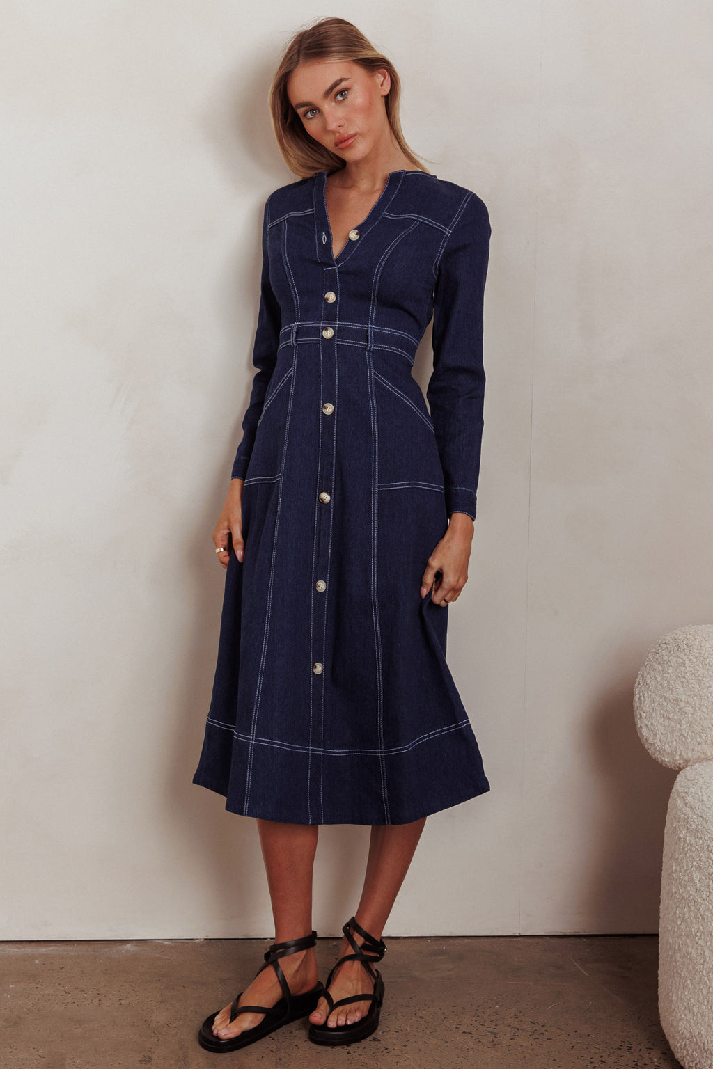 Aspen Love Front Pocket Long Sleeve Midi Dress Indigo by Selfie Leslie Australia