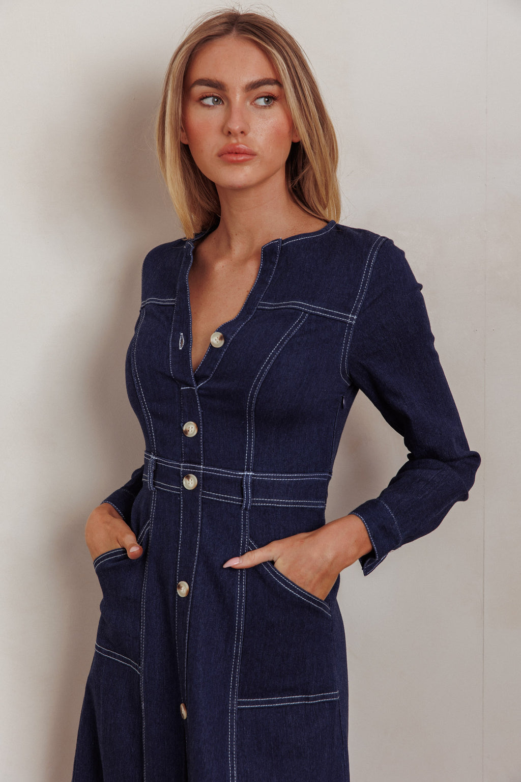 Aspen Love Front Pocket Long Sleeve Midi Dress Indigo by Selfie Leslie Australia
