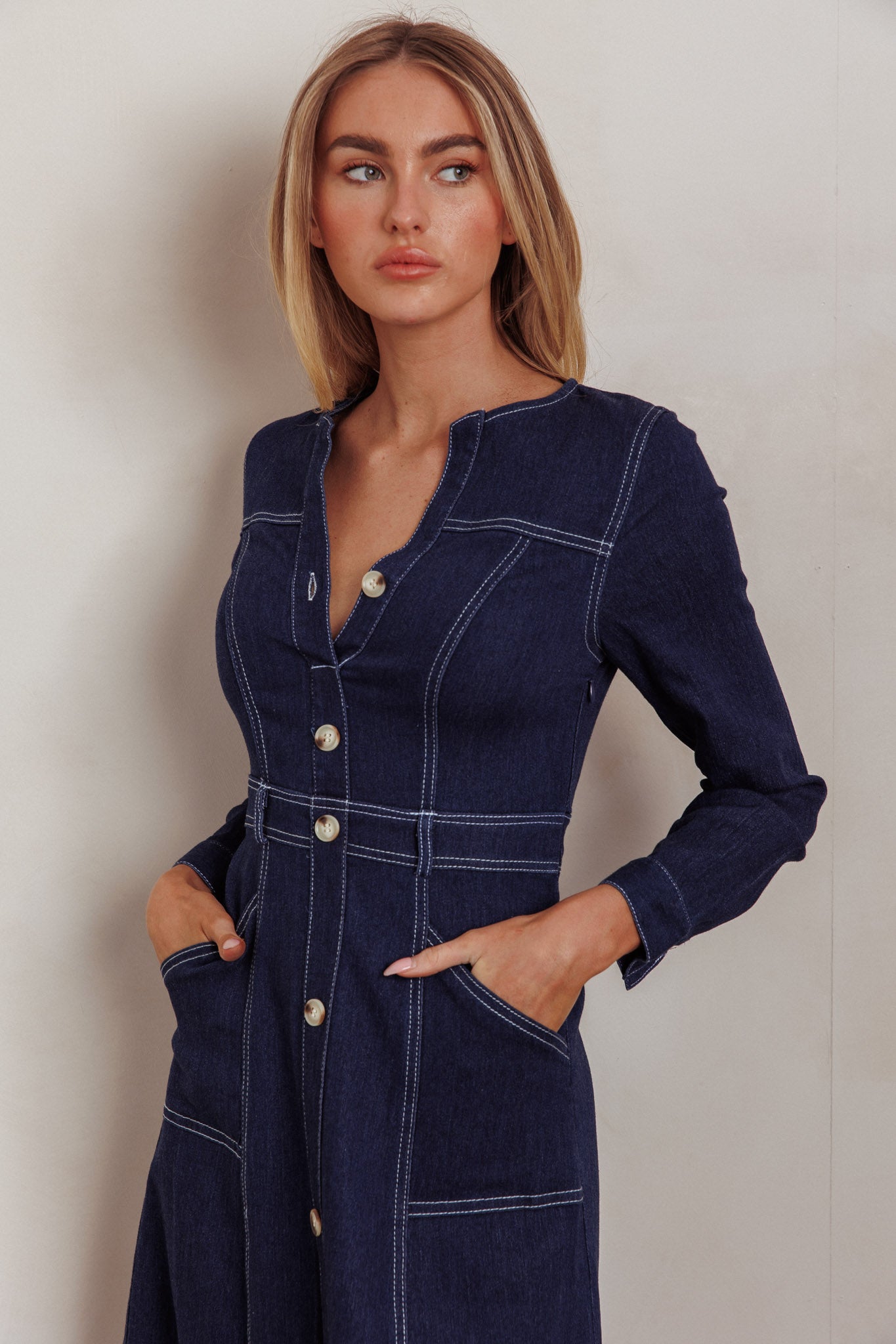 Aspen Love Front Pocket Long Sleeve Midi Dress Indigo by Selfie Leslie Australia