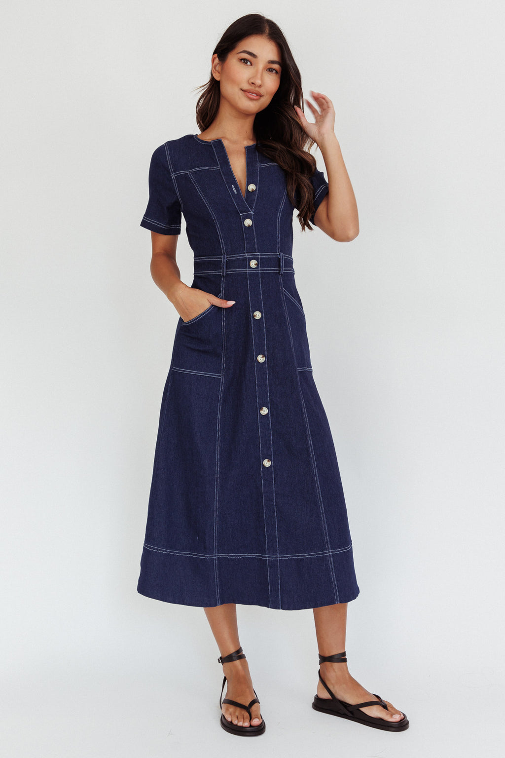 Aspen Love Front Pocket Midi Dress Indigo by Selfie Leslie Australia