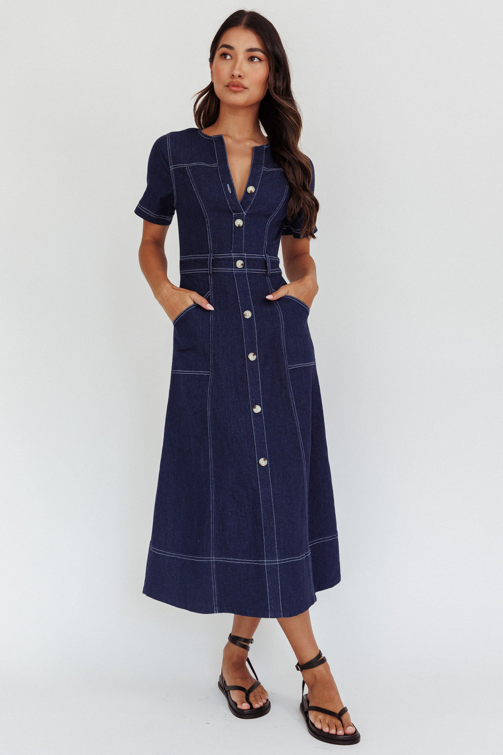 Aspen Love Front Pocket Midi Dress Indigo by Selfie Leslie Australia