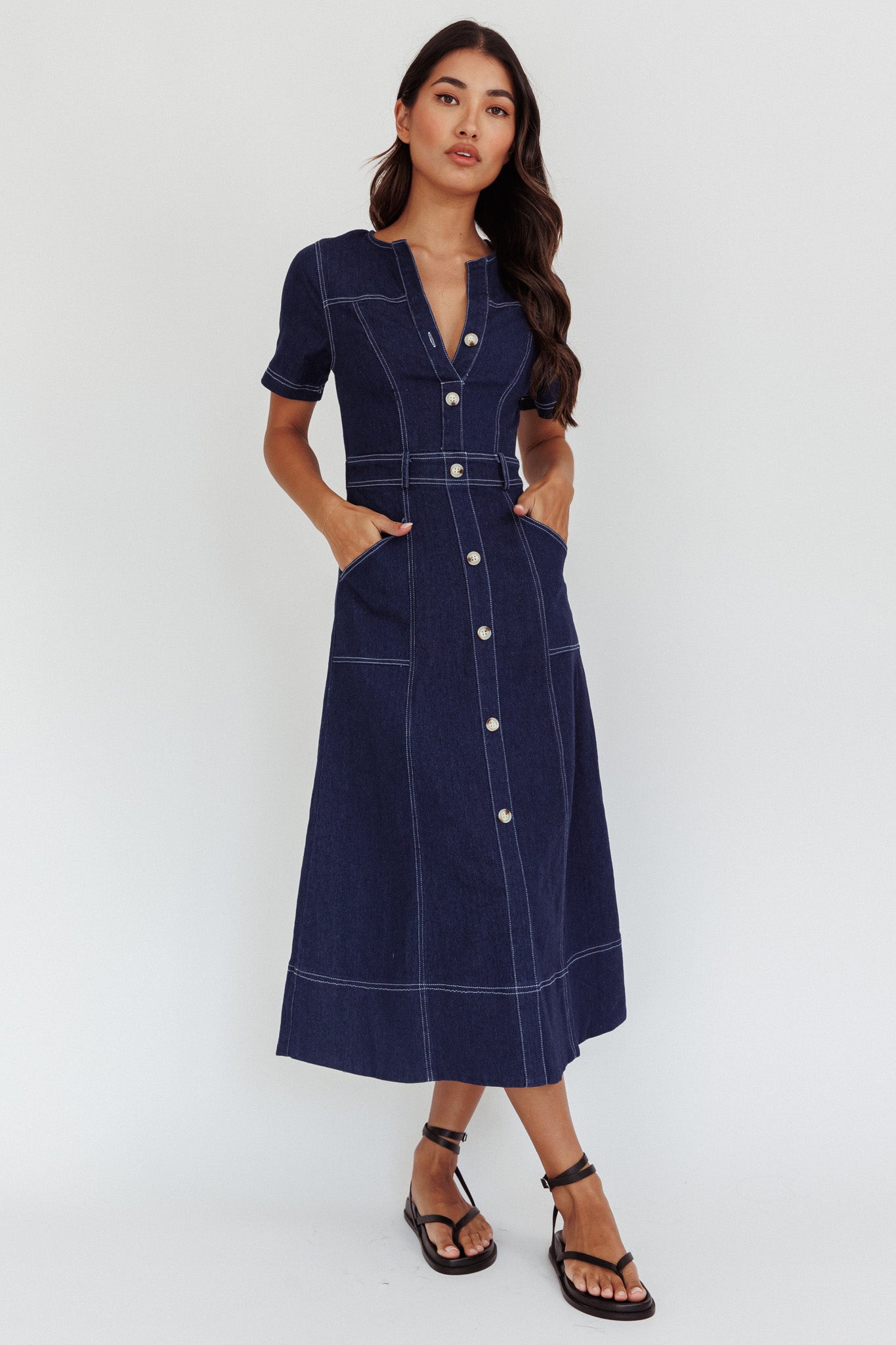 Aspen Love Front Pocket Midi Dress Indigo by Selfie Leslie Australia