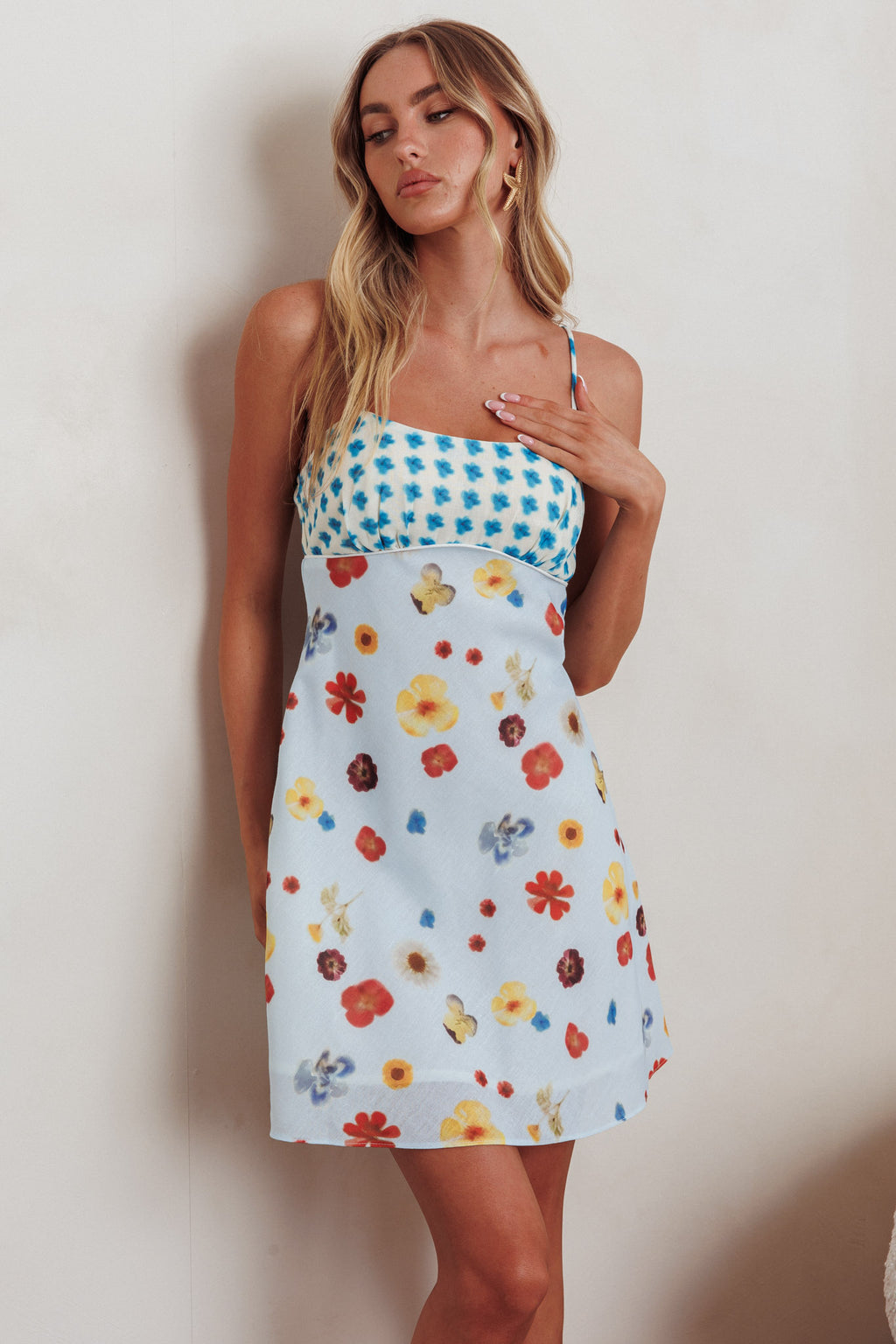 Fleur Sun Cami Strap Mini Dress Flowers Blue by Selfie Leslie Australia