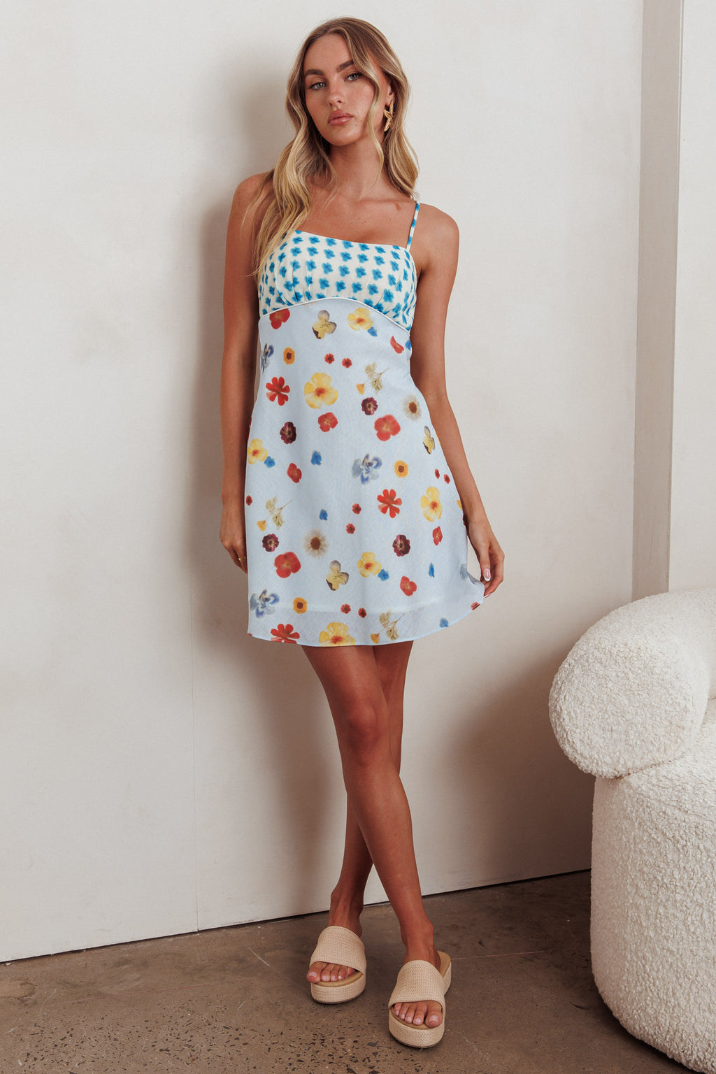 Fleur Sun Cami Strap Mini Dress Flowers Blue by Selfie Leslie Australia